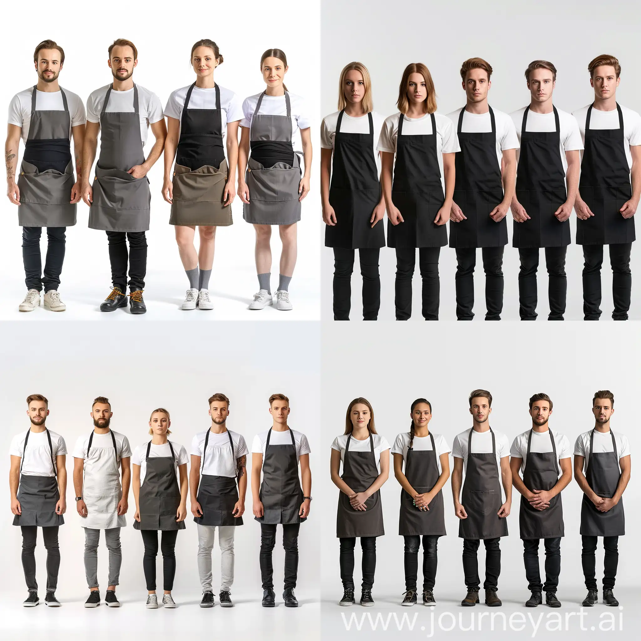 5 pleasant waiters in a row, t-shirts, aprons, men and women, hyper realistic, photo, white background, 4k
