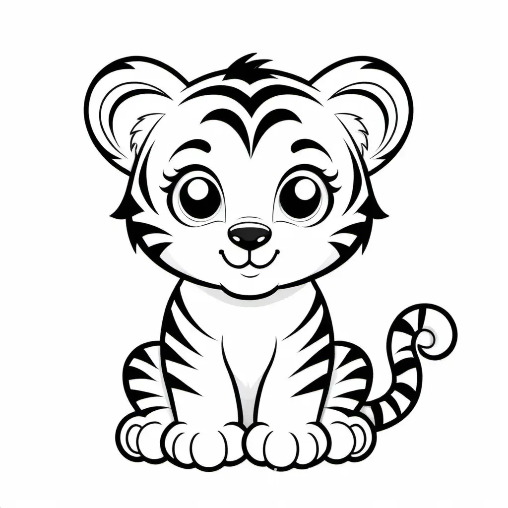 Cute baby tiger without background , Coloring Page, black and white, line art, white background, Simplicity, Ample White Space. The background of the coloring page is plain white to make it easy for young children to color within the lines. The outlines of all the subjects are easy to distinguish, making it simple for kids to color without too much difficulty