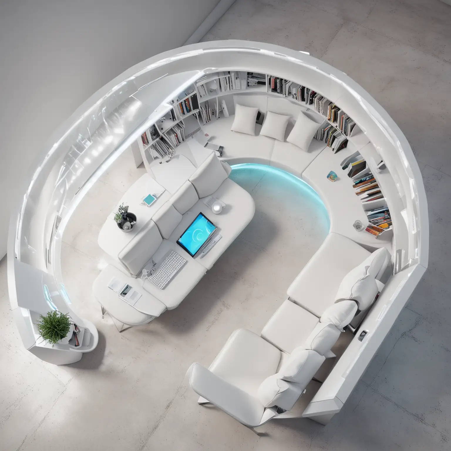 top view modern futuristic  solo study room with a futureistic single sofa and desk hologram reading room top view with thick white digital books and hologram desk
