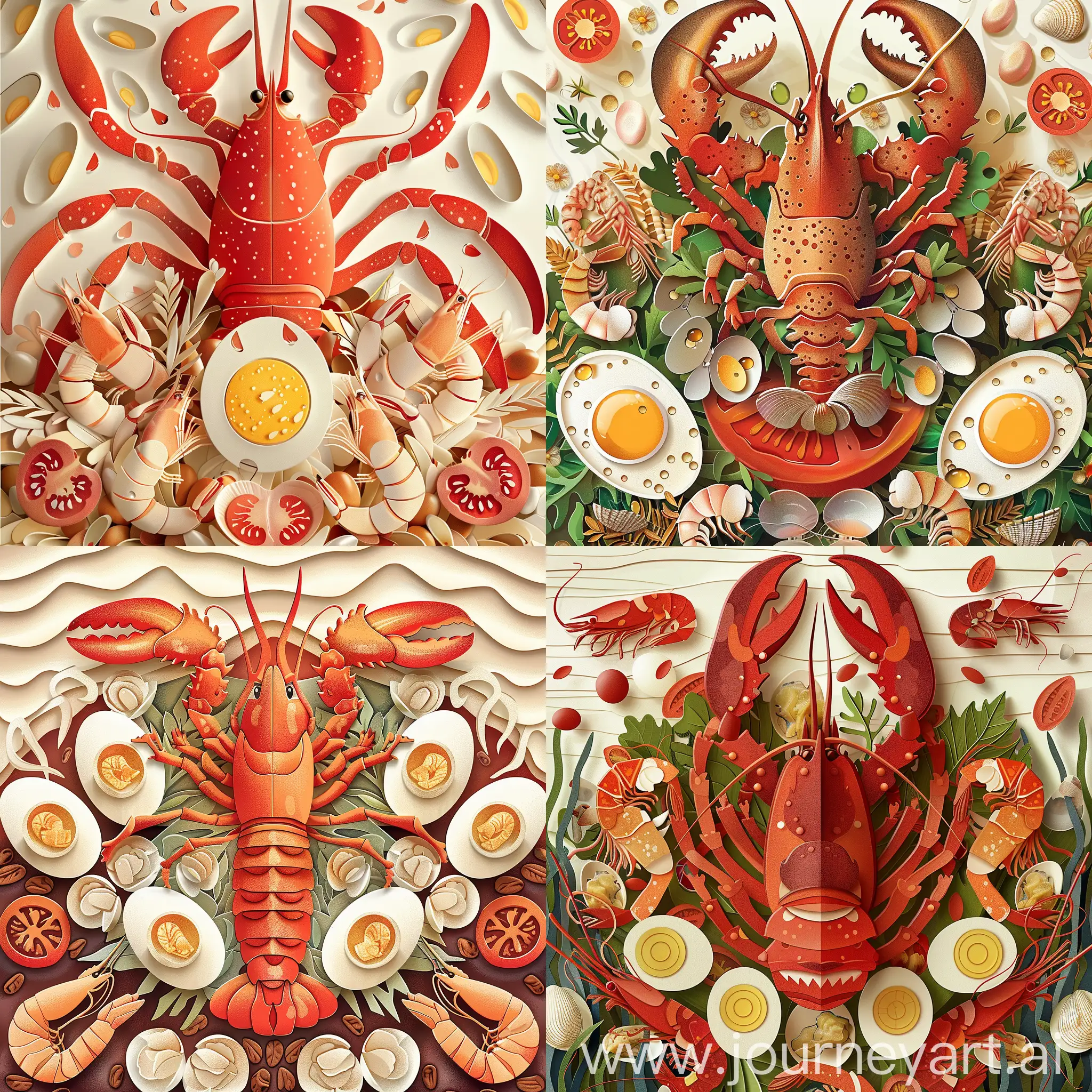 cut paper art of a salad with half eggs and tomato, featuring a large lobster as the centerpiece, surrounded by shrimp and clams, high quality details, in vector style