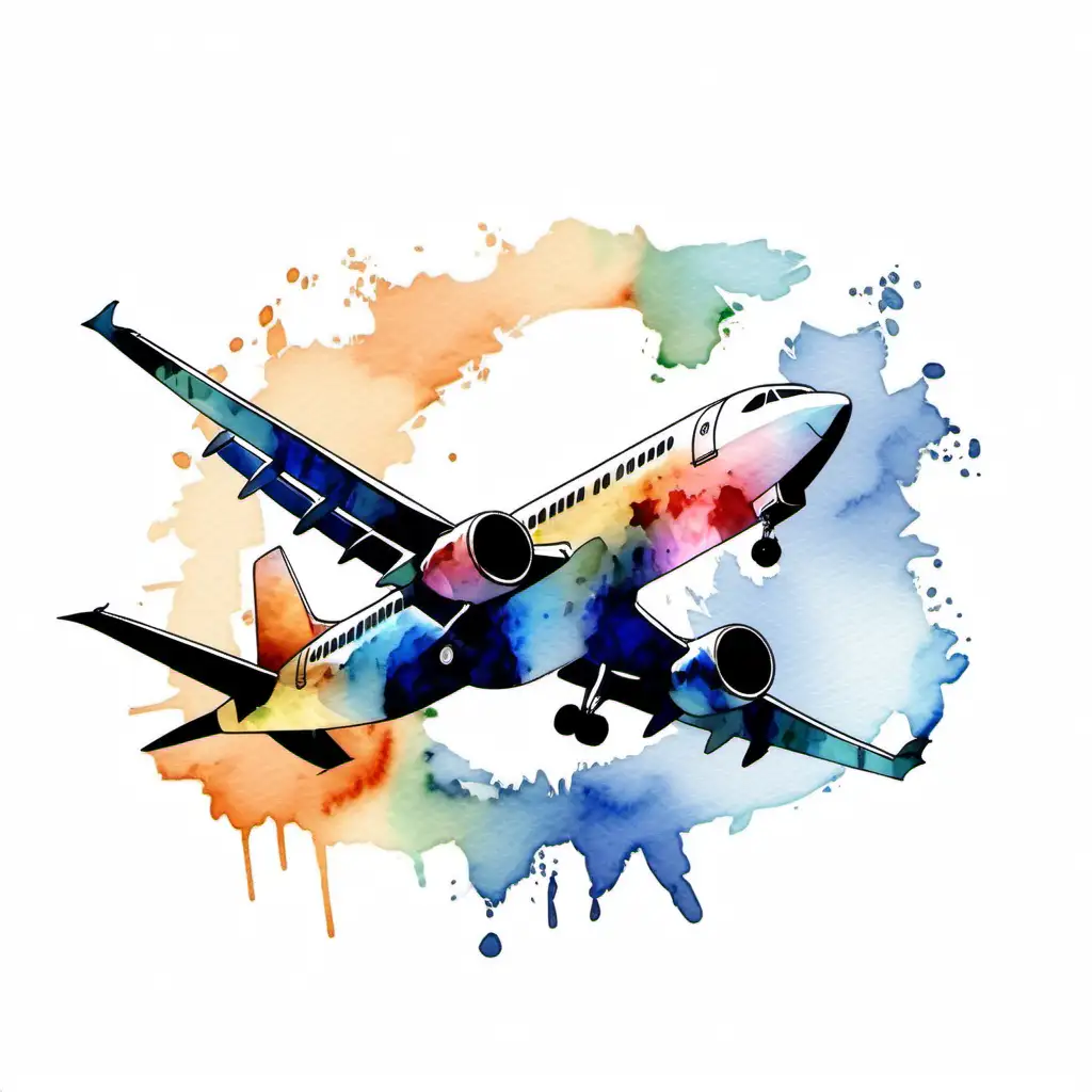 Worldly Horizon A WatercolorStyle Plane Soaring in Vivid Colors