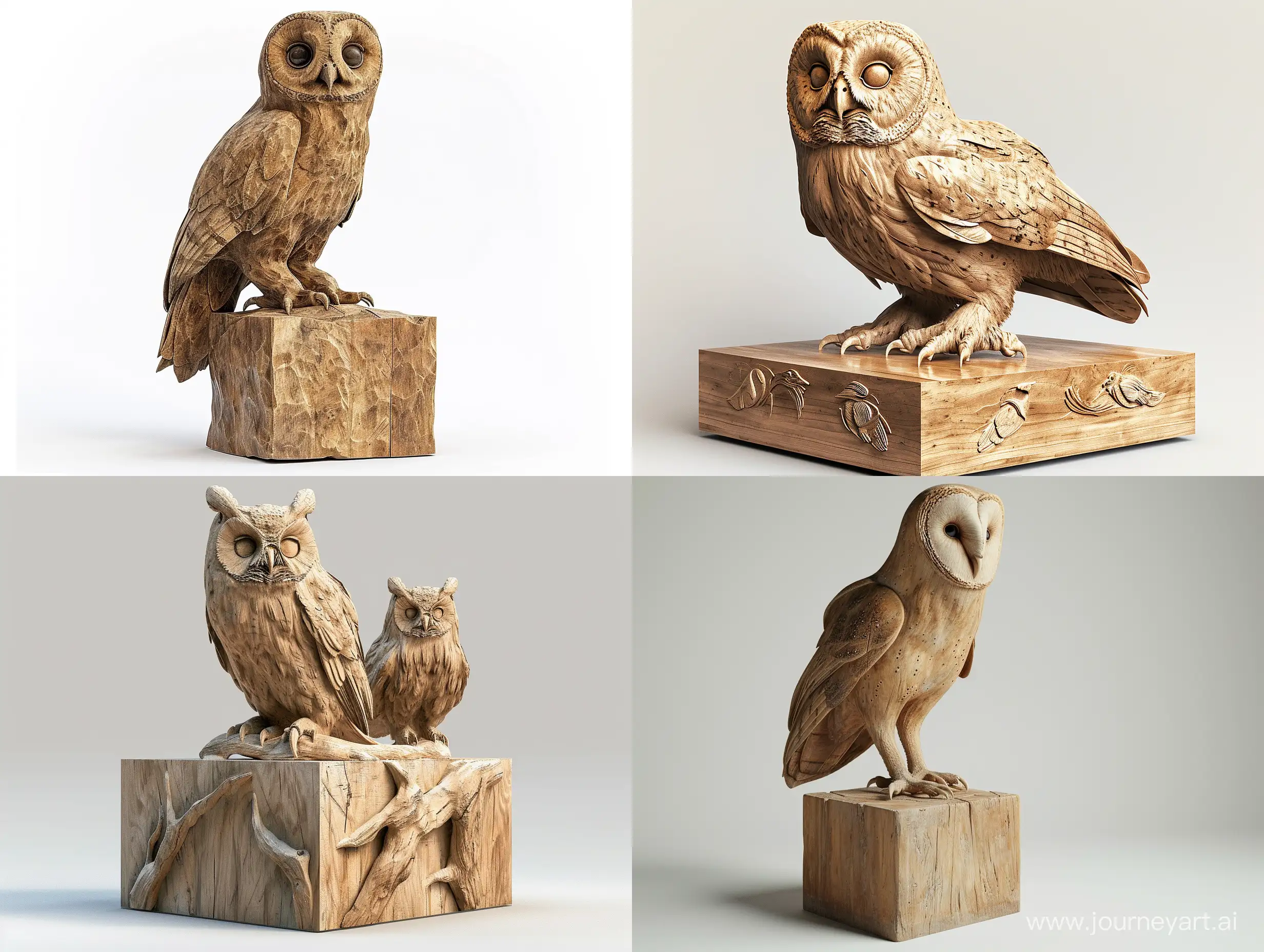 Realistic-Wooden-Owl-Sculpture-on-Large-Cube-Professional-Wood-Carving-Art