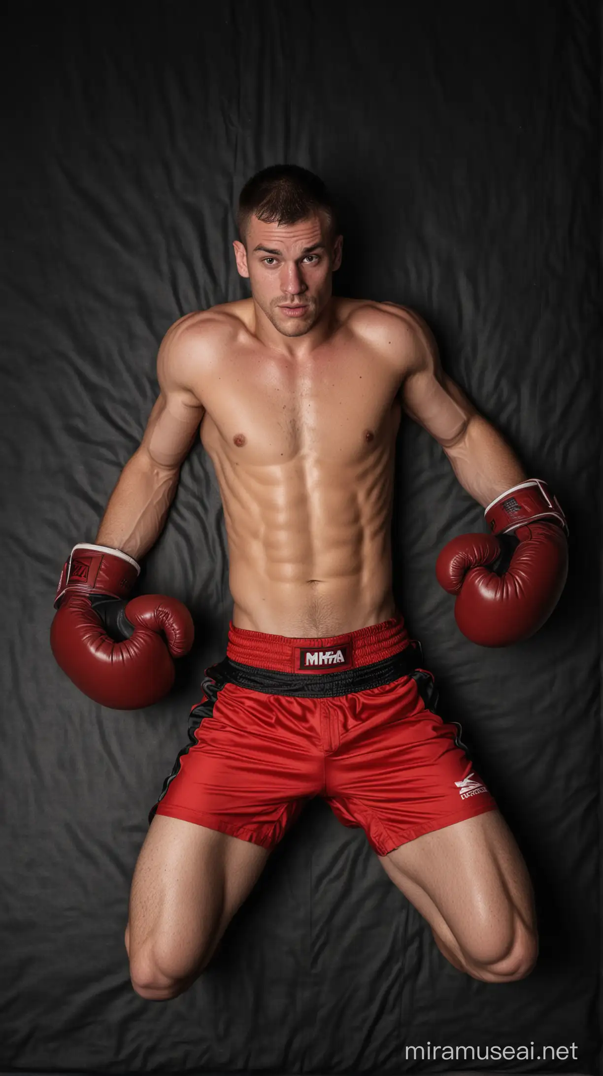 MMA Boxer Knocked Out on Pillows in Red Shorts on Black Background