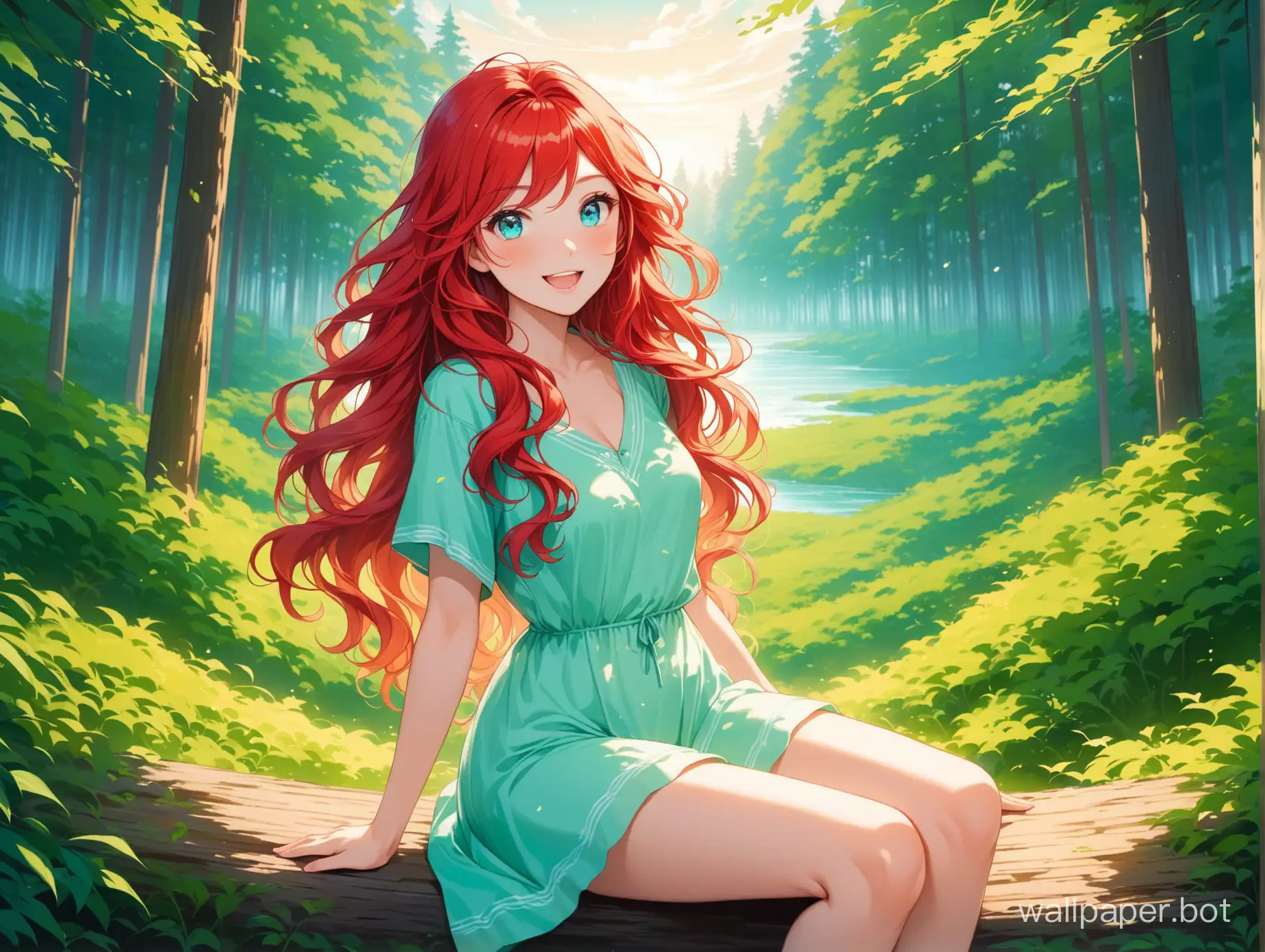 masterpiece,best quality, very aesthetic, ab surdres, 1girl, solo, wavy hair, red hair, floating hair, smile, sitting, open mouth, aqua eyes, looking at viewer, face focus，full body, scenery, forest horizon, naturally theme