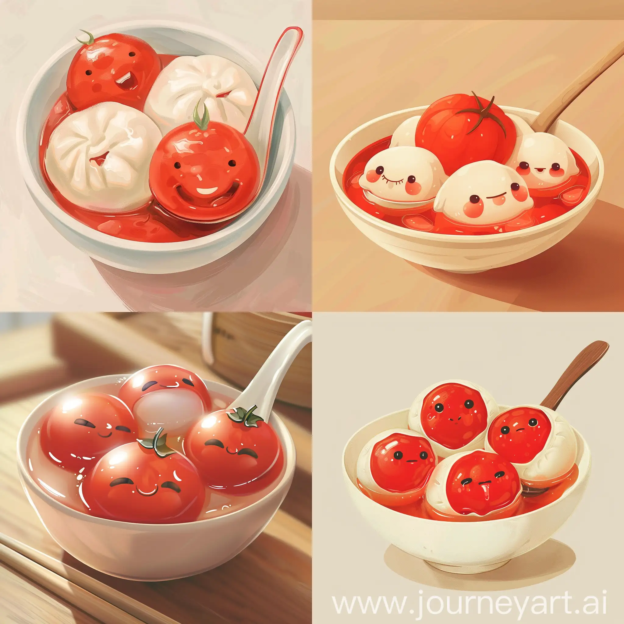 一碗红柿子形状汤圆，勺子里一颗红柿子形的汤圆，圆圆的团子，可爱，汤圆拟人，明亮的，简单可爱的插图，