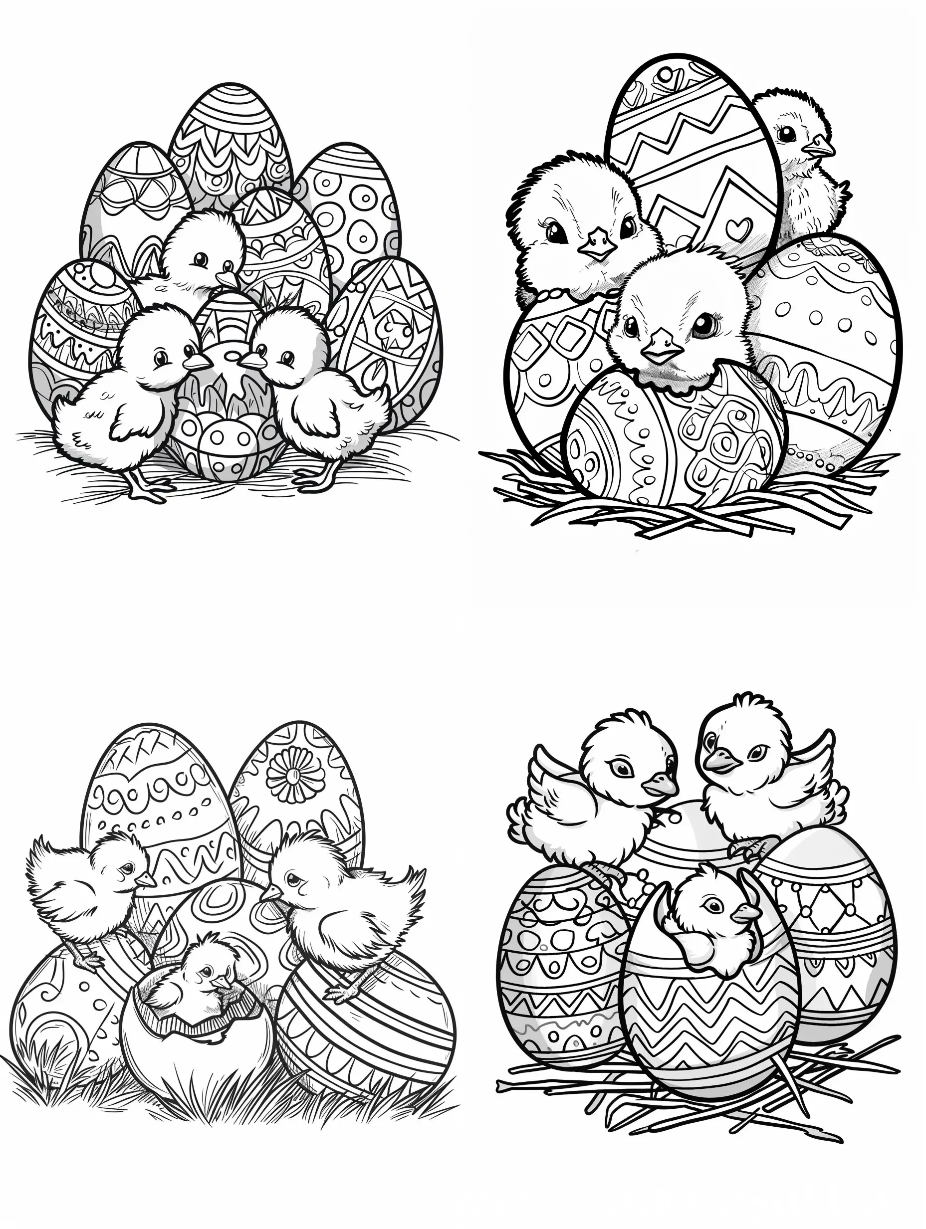 * Cute and simple group of chicks hatching from brightly decorated Easter eggs drawing for toddler coloring book, no gray scales on a white sheet with plain background without drawings