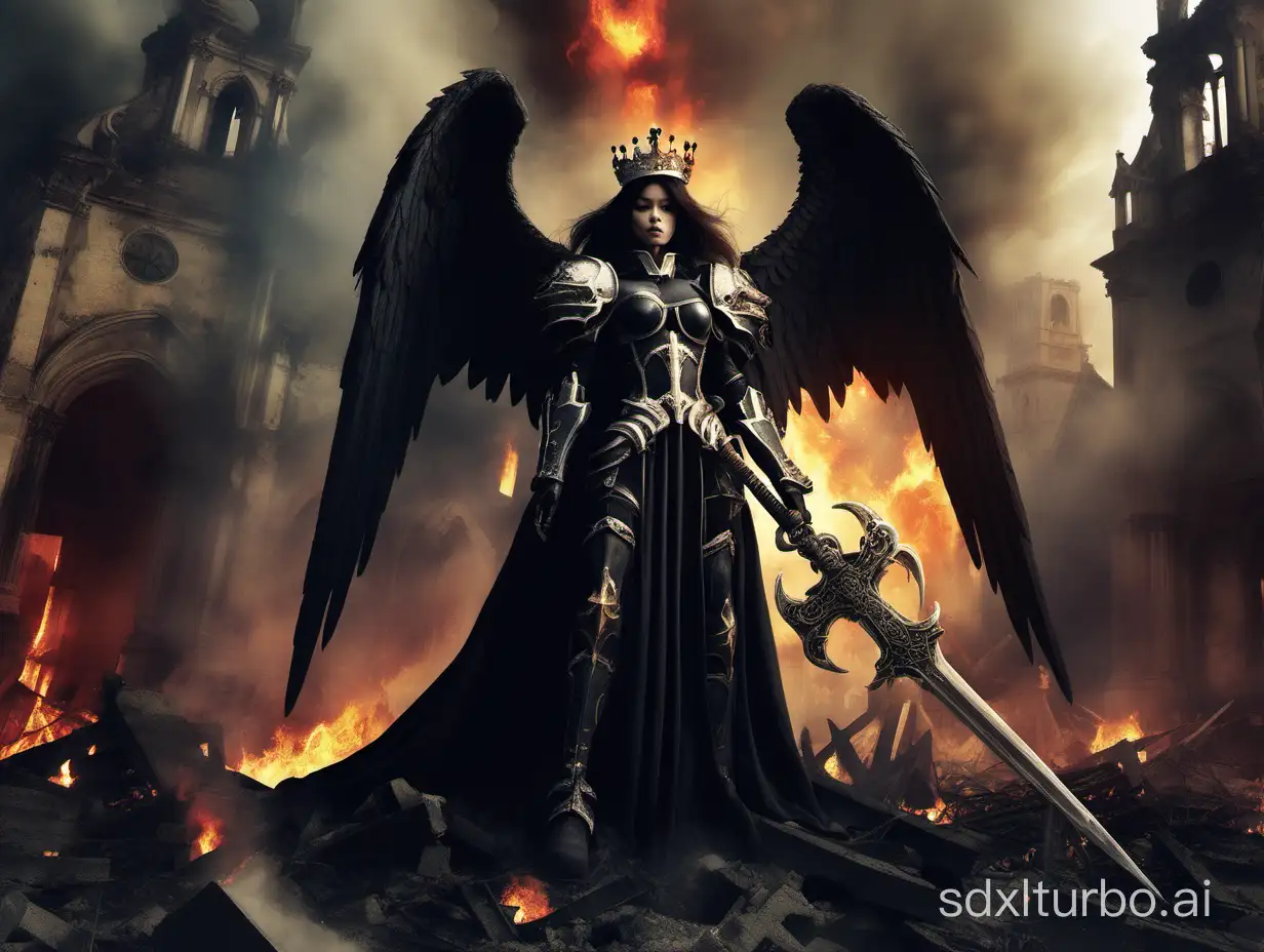In front of the ruins of the church, amidst the smoke and flames of war, a dark angel wearing a crown held a sword in both hands。