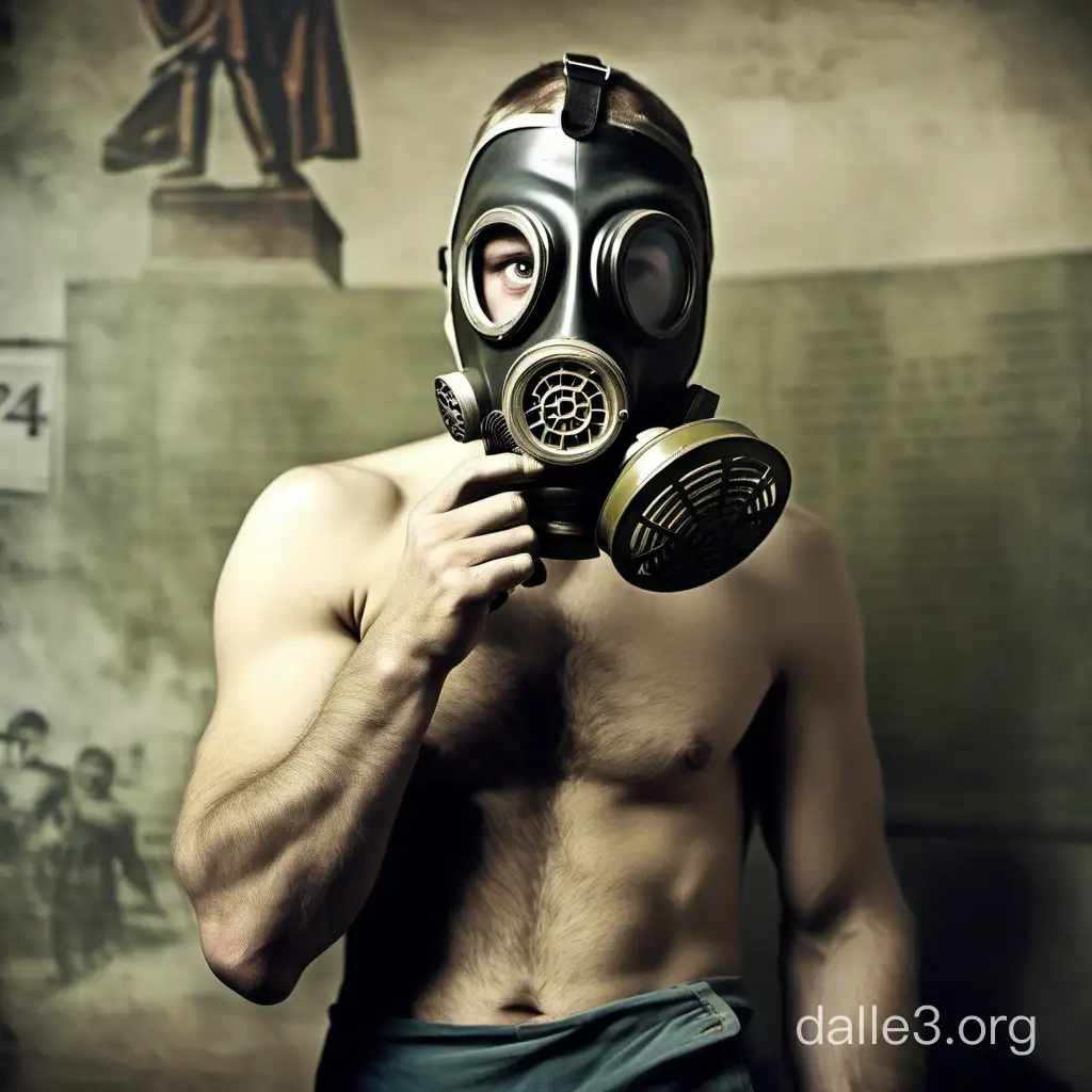 man in soviet gas mask  with naked torso background russian school