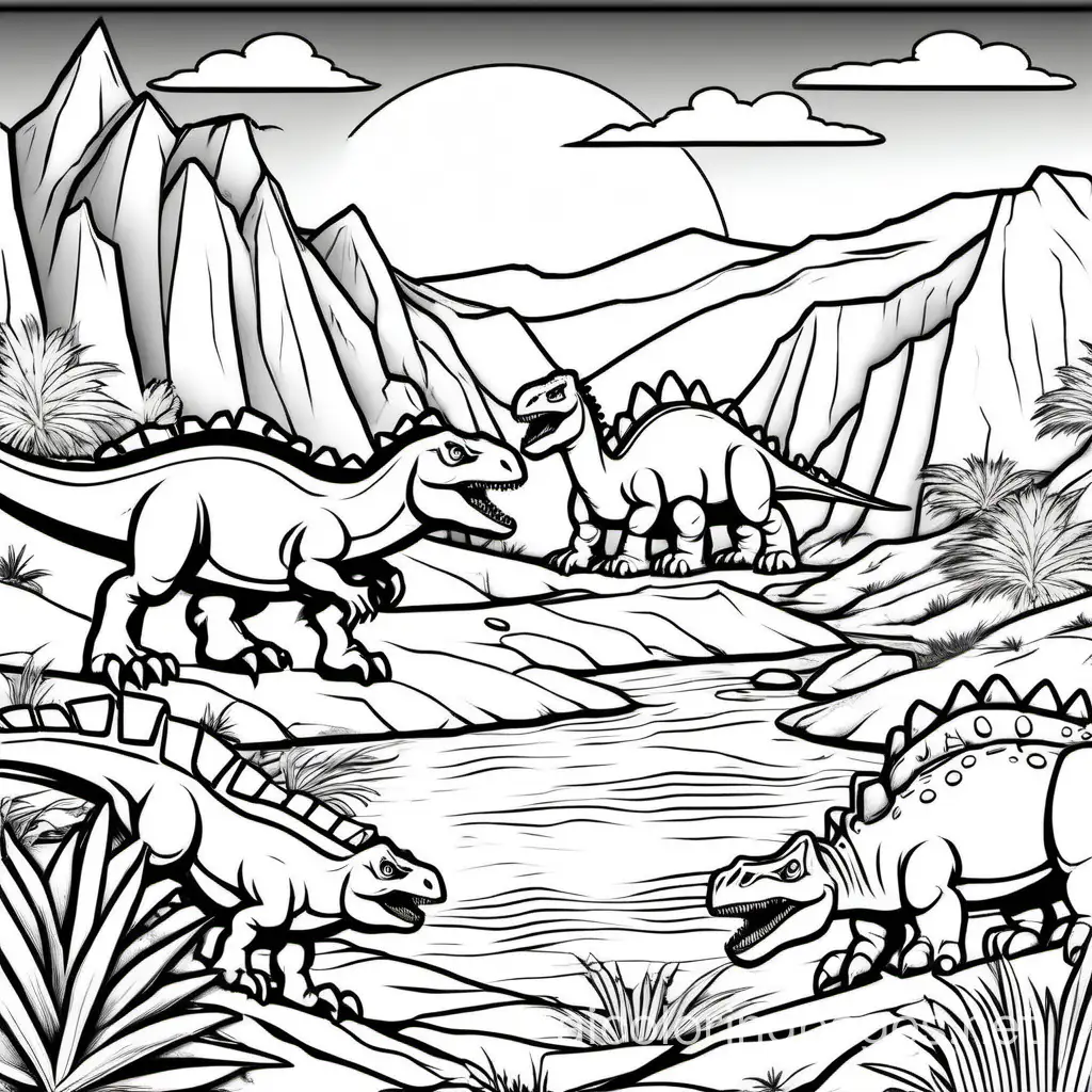 dinosaurs on rugged terrain with a sun and river, Coloring Page, black and white, line art, white background, Simplicity, Ample White Space. The background of the coloring page is plain white to make it easy for young children to color within the lines. The outlines of all the subjects are easy to distinguish, making it simple for kids to color without too much difficulty