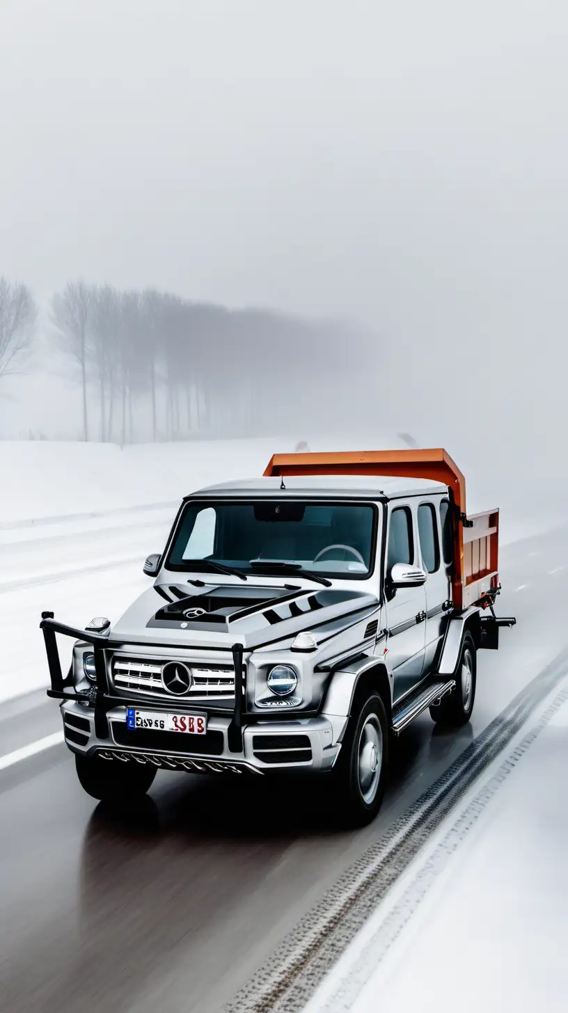 mercedes g class plow truck,viewed from distance on a snowy highway