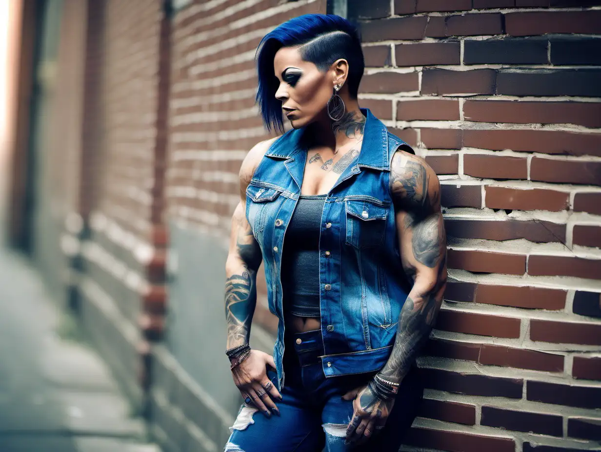 full height big extremely muscular tattooed female bodybuilder with short black hair in cornrows wearing blue denim vest and cut off torn blue jeans leaning against a brick wall in a foggy alley flexing