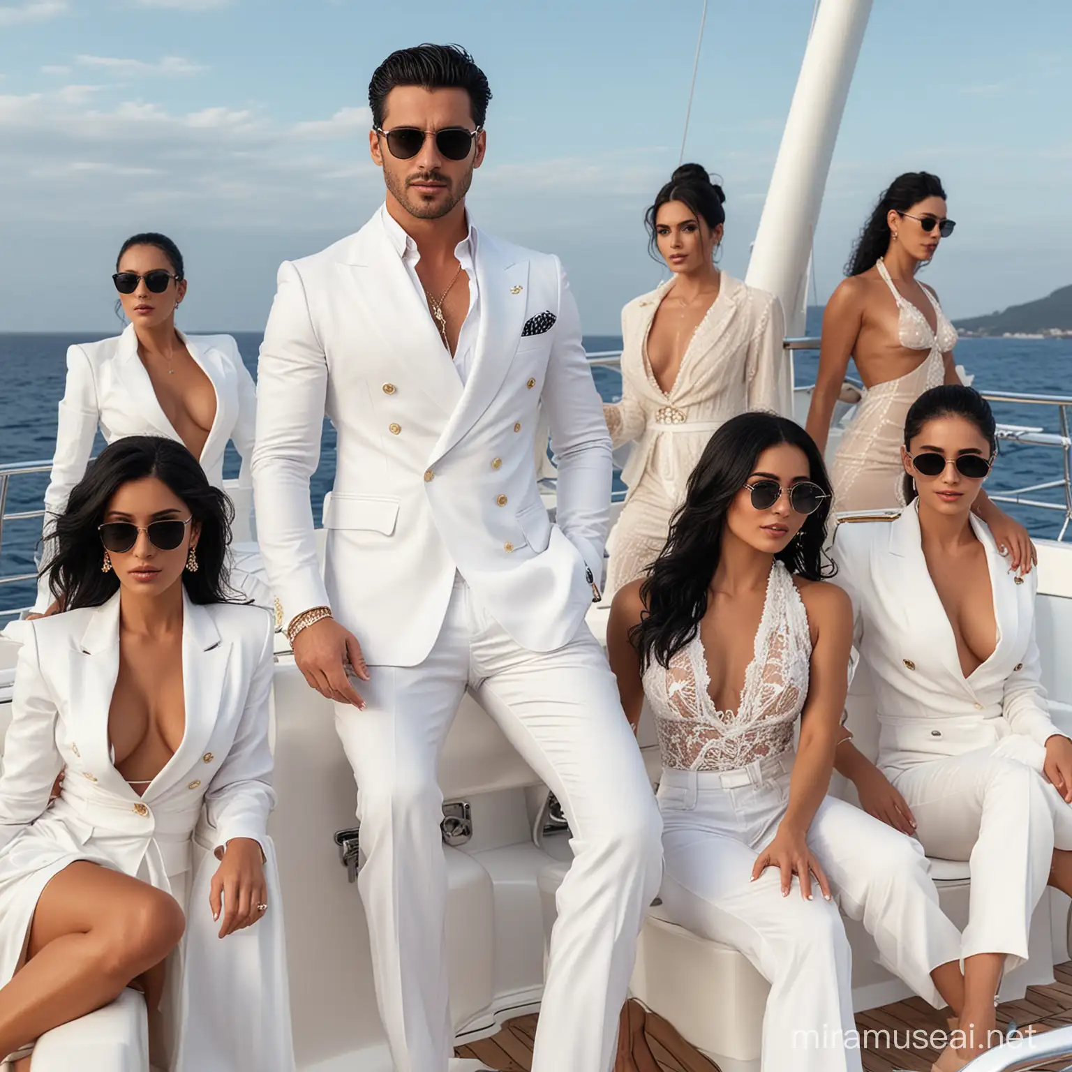 Handsome man wearing a fancy white suit with black hair, stubble and sunglasses with a group of sexy women sitting on a yacht