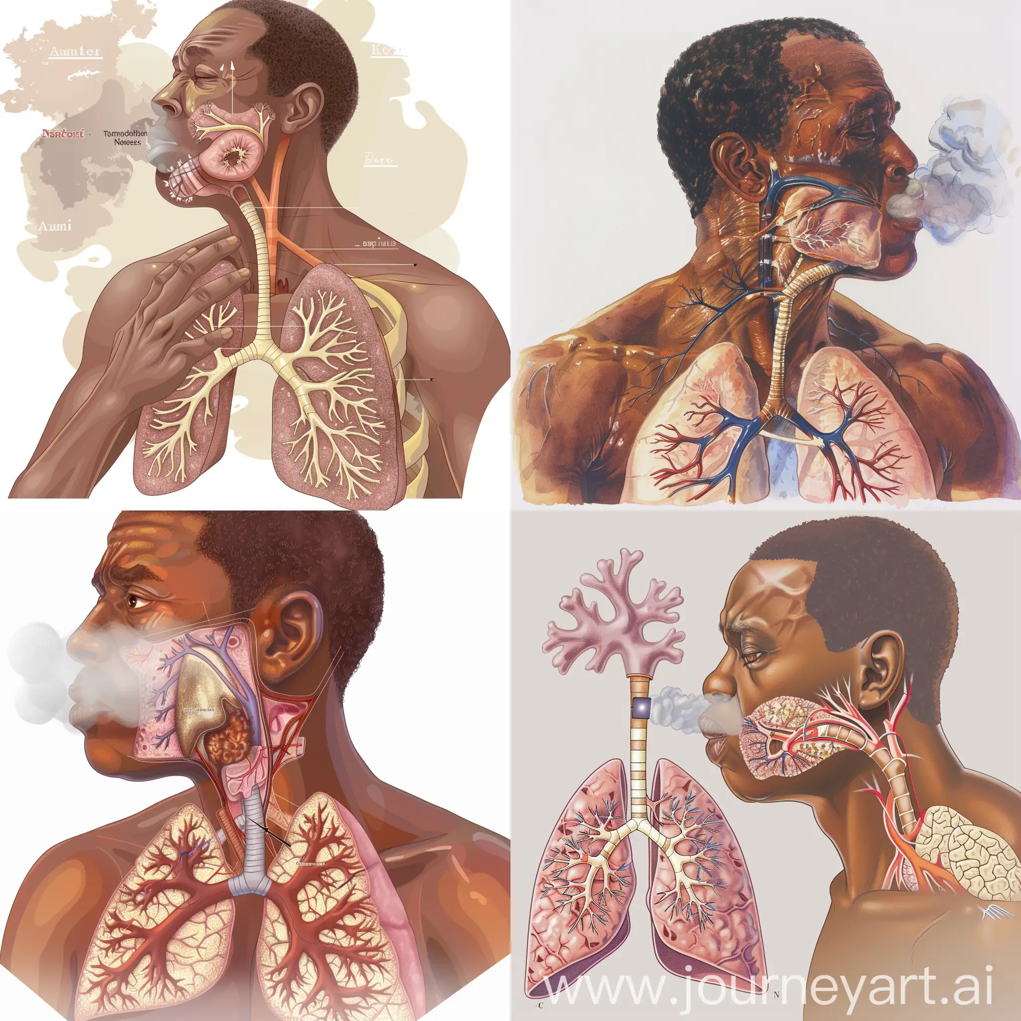 show a Diagram of the respiratory system, highlighting the inflamed and narrowed airways in the lungs due to asthma. include a coughing black american