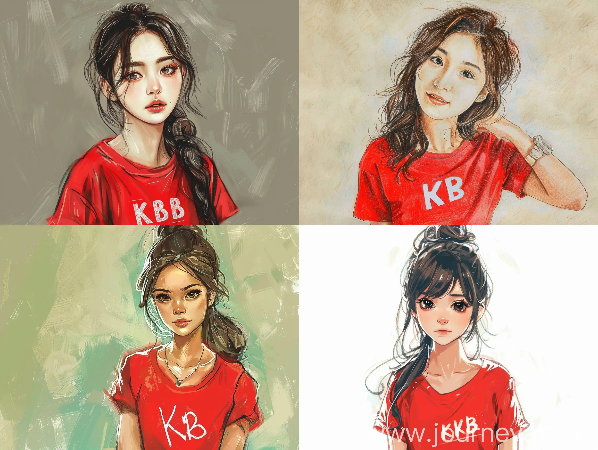 Draw a picture of a beautiful girl wearing red t-shirt written Kb