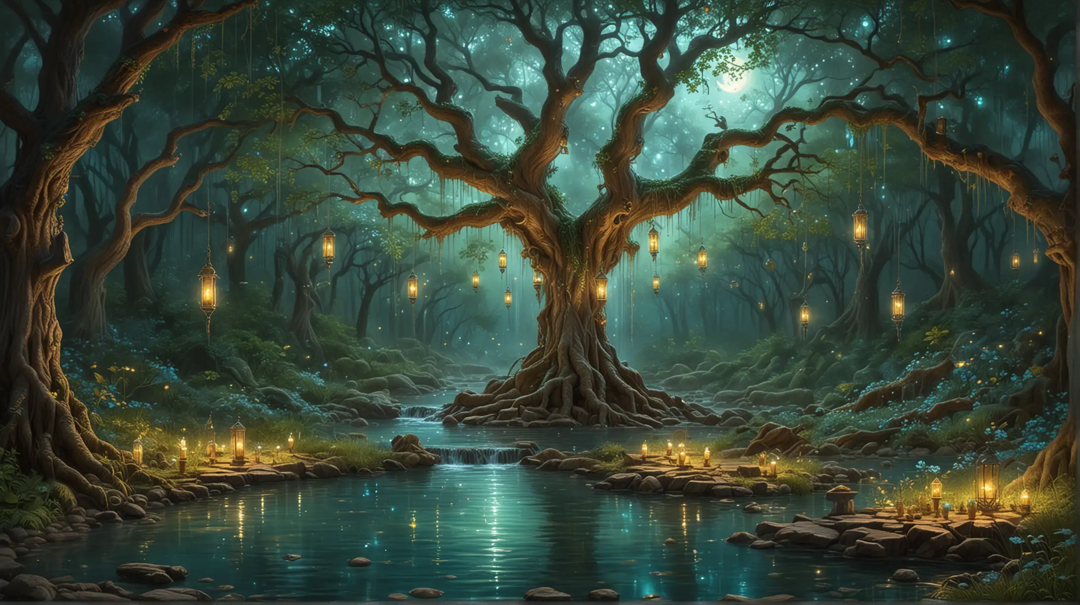 the fountain of youth, waterfall pouring down into a shimmering pool of illuminated water, next to it stands the tree of life, hidden in a remote and mystical lush green magical forest with old oak trees and willow trees, lanterns hanging in the trees, ash dark turquoise background, moon, orions belt, stars, starfall, butterflies, dragonflies, pastel colors, vintage, kerem beyit, by Daniel Merriam, esao andrews, ornate, by Kerembeyit, inspired by Daniel Merriam, by Jan Kip, fire flies, daniel merriam, highly detailed digital artwork, antique, vintage, dusty, and rugged illustration