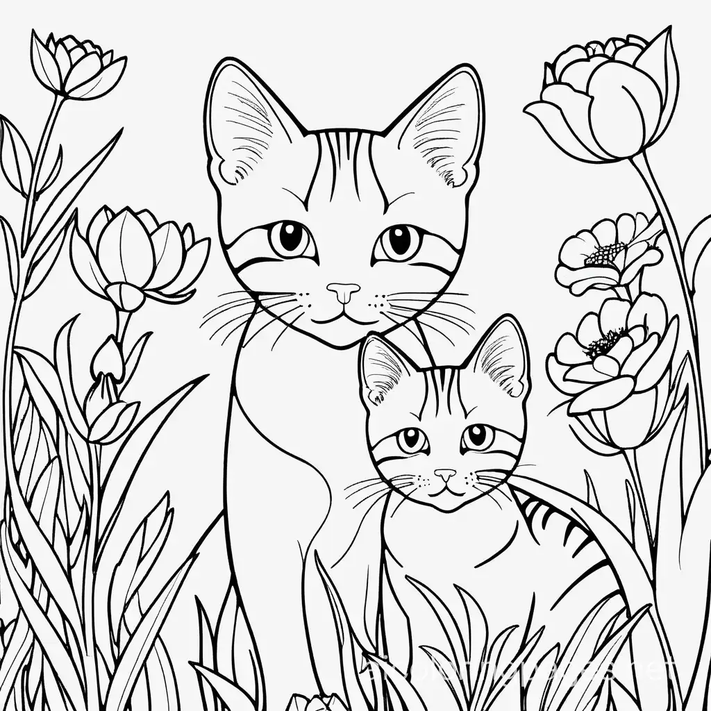 In back ground of flowers ,a cute mom and baby cat, face portrait of, Coloring Page, black and white, line art, white background, Simplicity, Ample White Space. The background of the coloring page is plain white to make it easy for young children to color within the lines. The outlines of all the subjects are easy to distinguish, making it simple for kids to color without too much difficulty