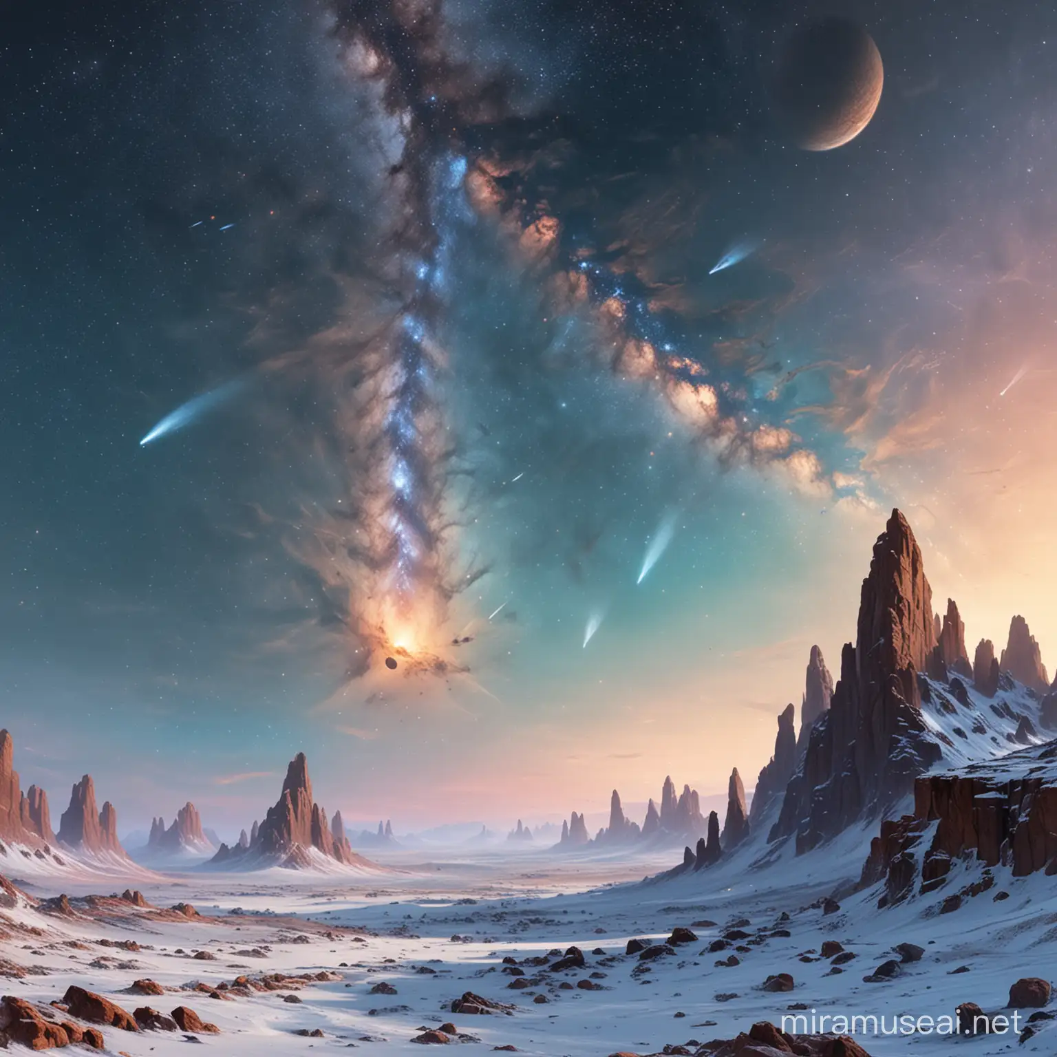 Highly detailed painting in the style of Max Bertolini, 3 spacecraft take off from an icy planet with rocky pinnacles, in the sky is a ((Andromeda spiral galaxy)), wide view, use muted pastel colors only, high quality