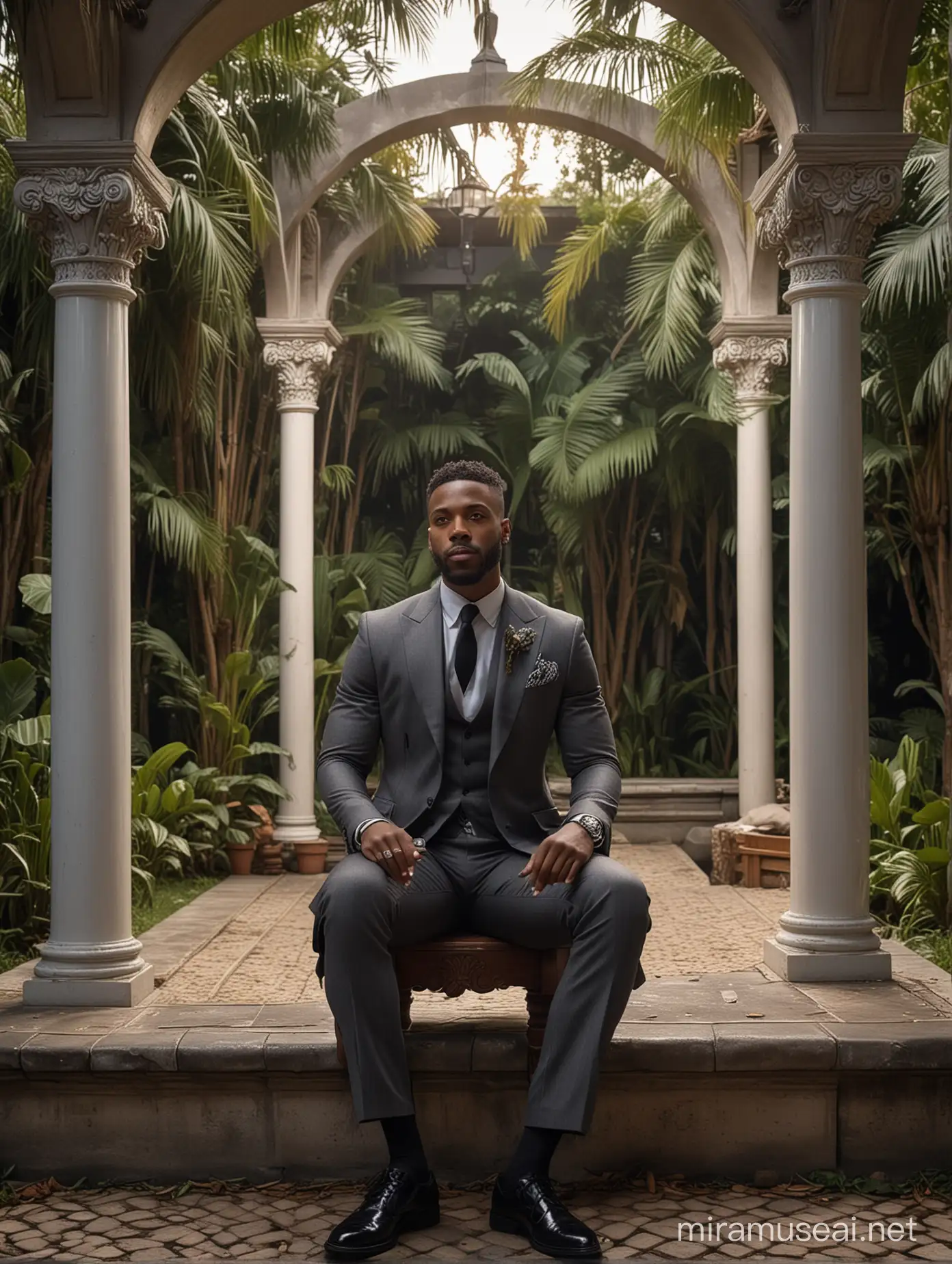 FULL BODY VIEW: 4k photoof a handsome regal African American man with low wave fade. he is sitting under a gazebo in full body view in a big black patterned throne. wearing an grey suit, black men dress shoes, socks and matching handkerchief in jacket pocket, holding a glass of Bourbon, manicured beard. watch, ring. In a pose. Full body view. tropical waterfall with palm trees at night. fashwave, candid celebrity shots, uhd image, body extensions, natural beauty --ar 69:128 --s 750 --v 5. 2