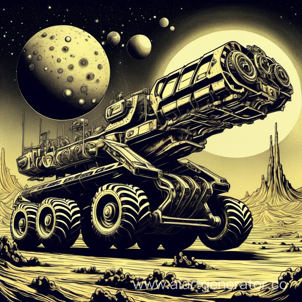 Exploration-Vehicle-with-8-Wheels-Vintage-Illustration-in-Monochromatic-Style