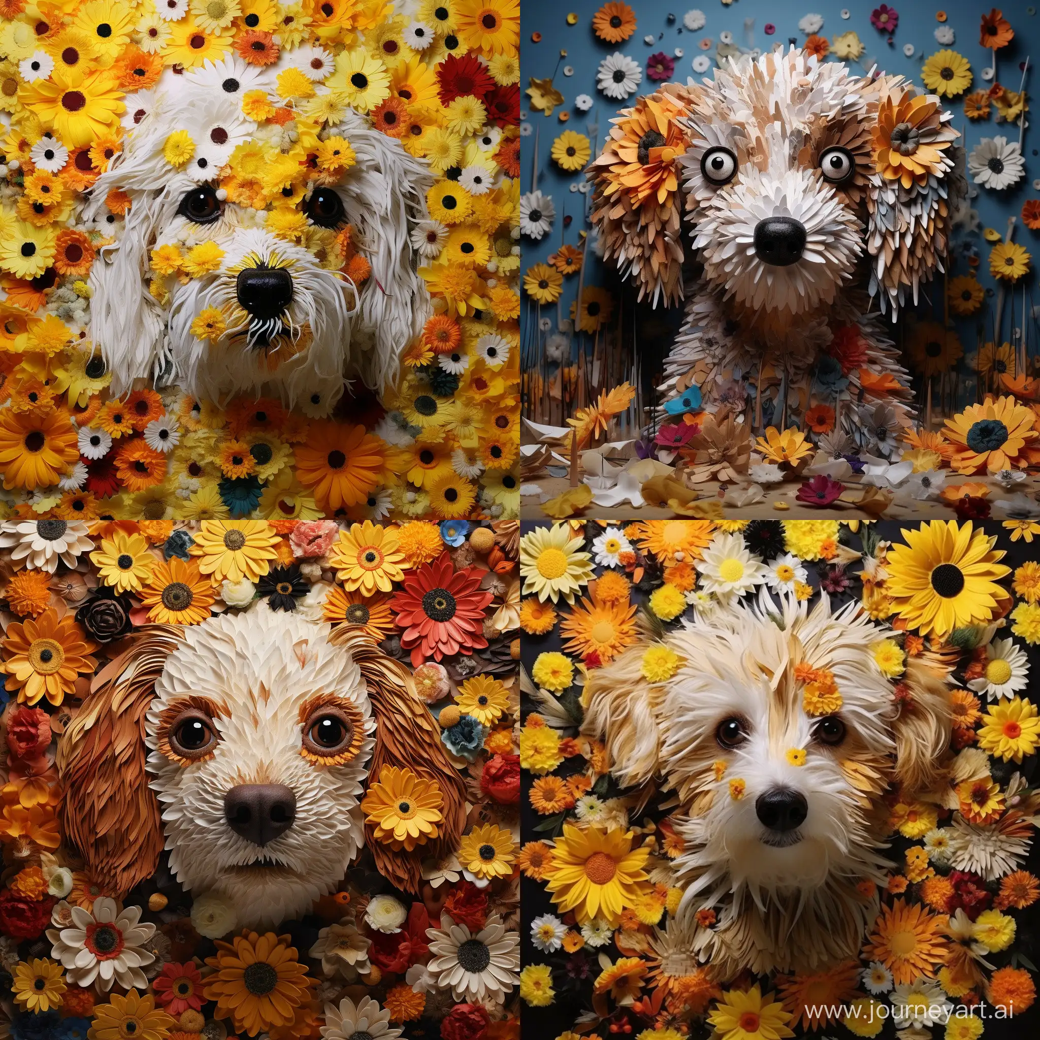 most adorable dog made exclusively of flowers & wispy dandelions has the saddest eyes & facial expression, the eyes are detailed & tearful in a human-like way, stunning, hypnotic, illusion, visionary art + still life + figurative art, mesmerizing motifs, collection of different flowers, blossoms, flora masterful technique & imaginative art with immersive background, perfect composition, masterpiece insanely-detailed hyper-detailed beautiful, impressive artistry, technique, depth, intricate fine details, artistic elements, purposeful aesthetic intricacies to enhance 3D effects, insanely detailed & varied textures, gorgeous multidimensional, design overlays throughout, imperial colors subject's eyes are opened glassy with tears, oil gouache melting, acrylic, high contrast, colourful polychromatic, ultra quality, Anna Dittmann & Audrey Flack & Oleg Shupliak & cyril rolando & Vladimir Kush & patrick nagel & Pino Daeni Bridget Riley, & victor Vasarely & Wayne Thiebaud & Karl Reichert,