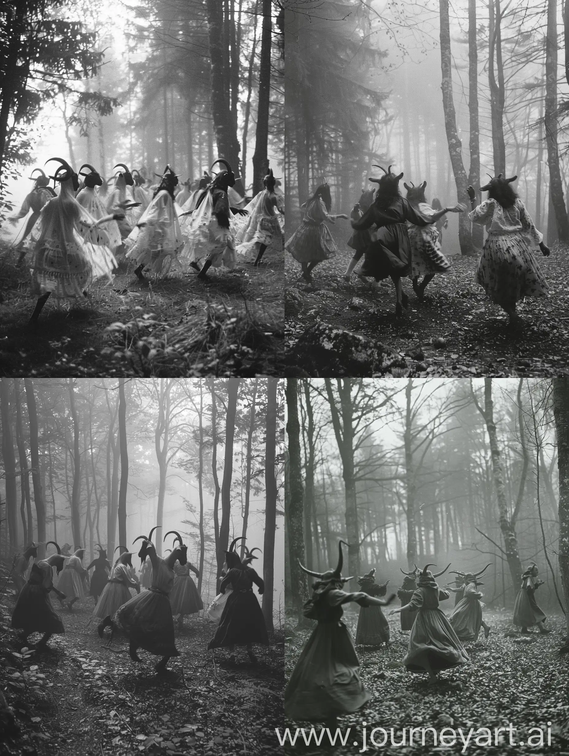 Goat witches dancing in the forest, grayscale, cursed proverbs, eerie foggy forest, attention to detail, folk horror, occult core, expired 35mm film, Ju Dha Krist 