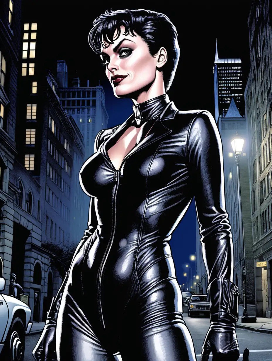 Antje Traue, catwoman, polyester suit, thick, smirk, streets, highly detailed, Brian Bolland art style, Gotham night, black hair, side angle