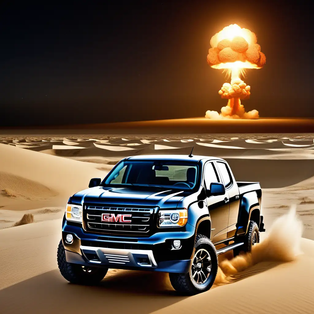 Cosmic 2012 gmc canyon 4x4 truck on a sand dunes with a nuclear explosion in the background