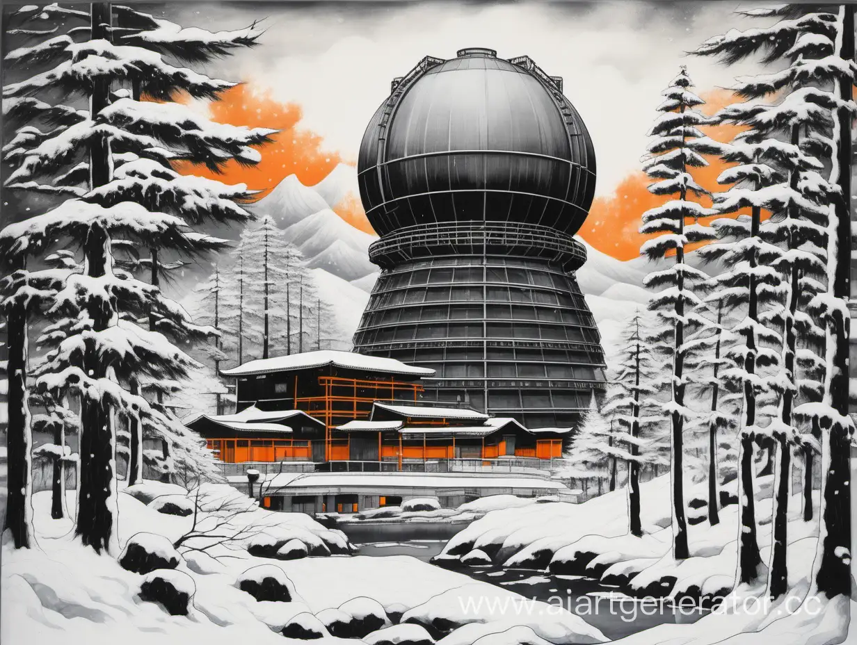 ядерный реактор, используй только черный белый серый и оранжевый цвета, в стиле японских картин, изображено здание, рядом градильня, все в снегу, рядом елки в снегу