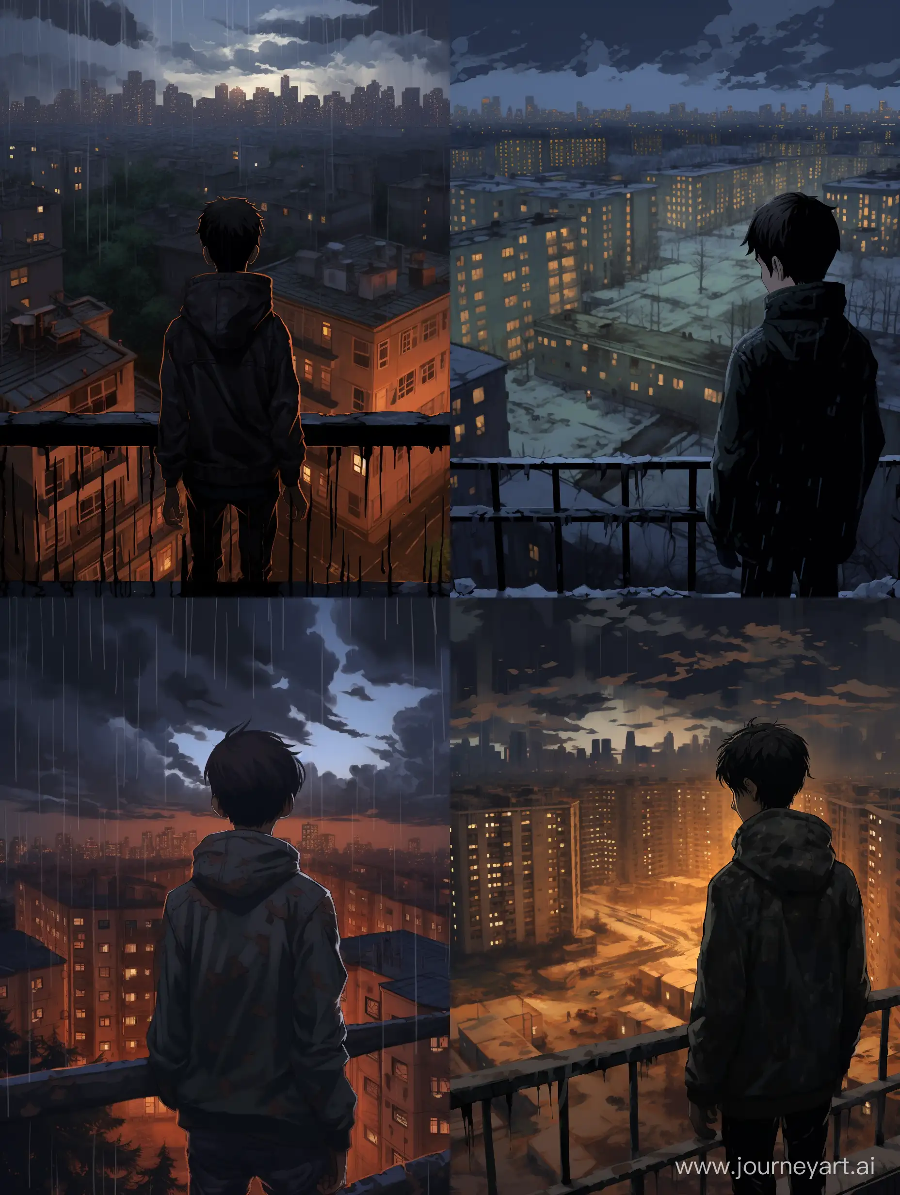 Lonely-Anime-Boy-Amidst-SovietStyle-HighRises-in-Dark-Winter-Atmosphere