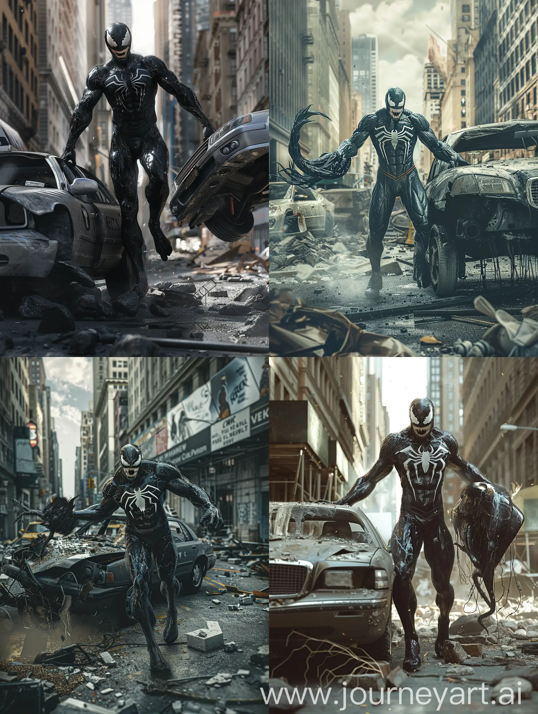 Spider-Man NWH as venom walking through a destroyed New York City street in anger and aggressively. ((FULL BODY IMAGE)) holding a heavy car and tossing it

