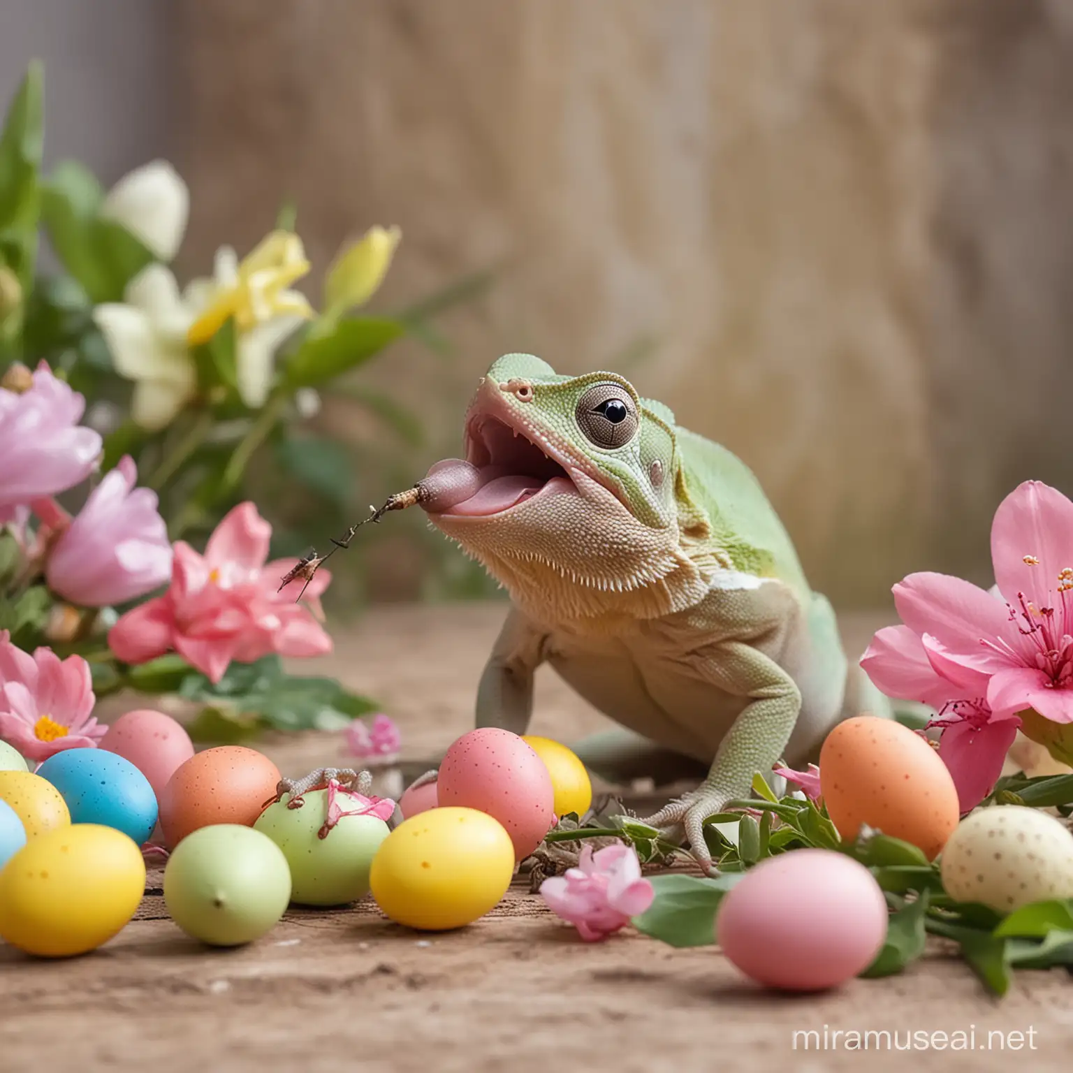 tongue cameleon catching a fly, easter eggs in the background and spring flowers