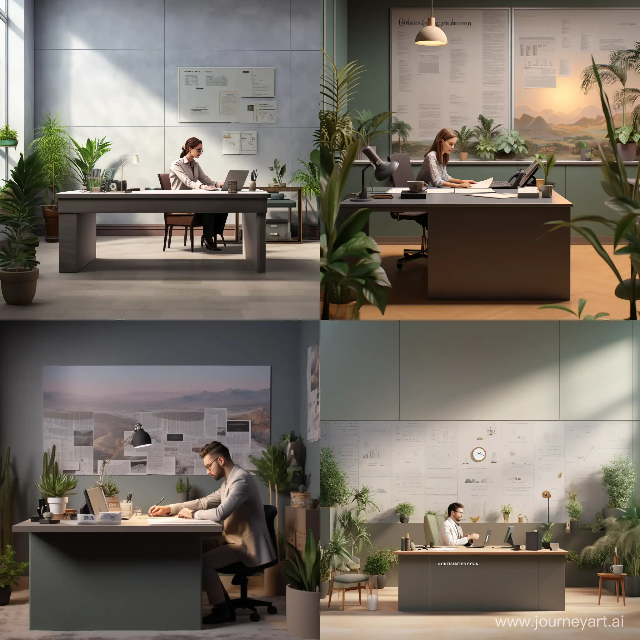 a modern office with a few plants and a desk with a notary with stamps and seals, minimalistic with light colors, ultra-realistic, showing a notary doing work and newspaper as a wallpaper, make it look real people and more grey colors
