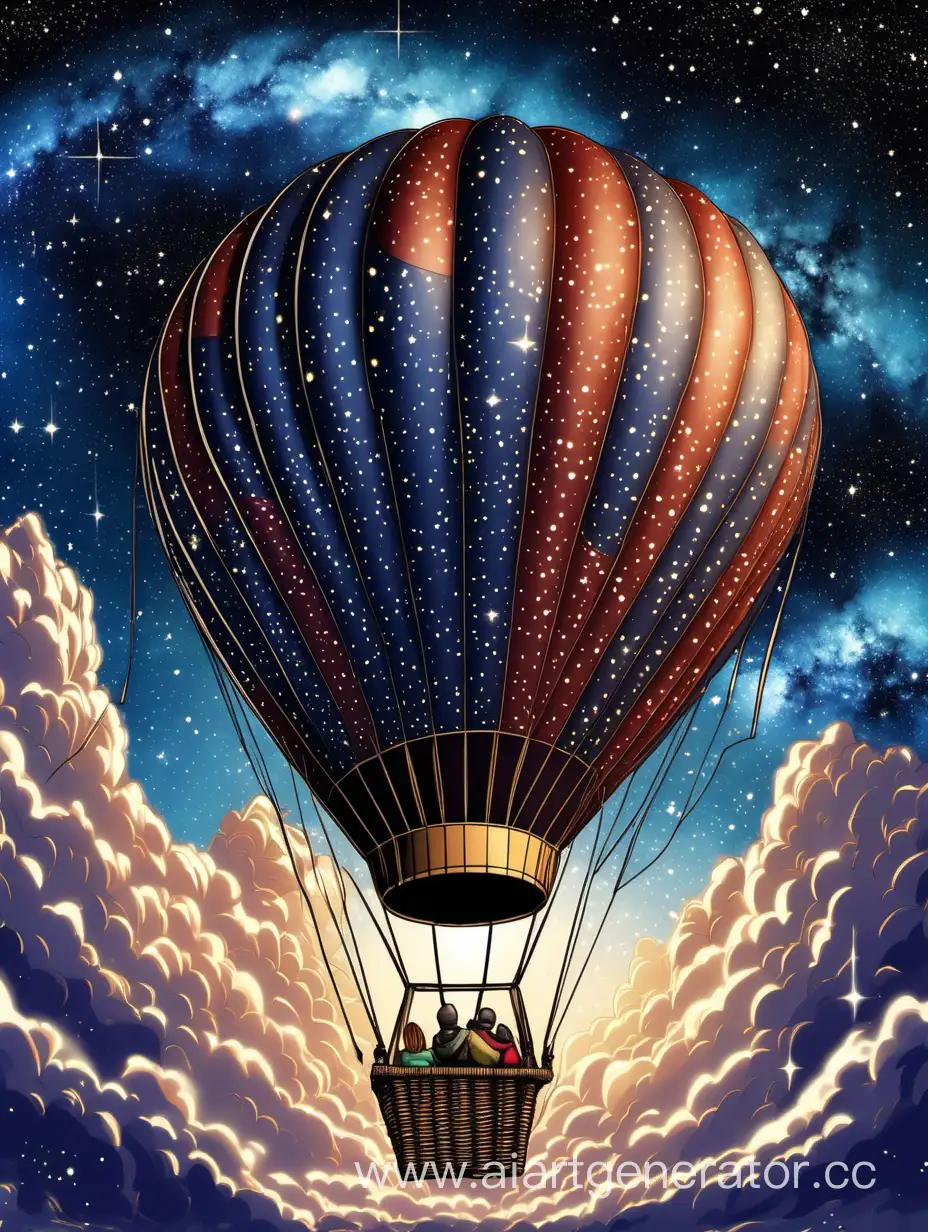 Большой воздушный шар на фоне звезд млечного пути. В корзине веселые люди. На куполе воздушного шара надпись Nasharu23.ru