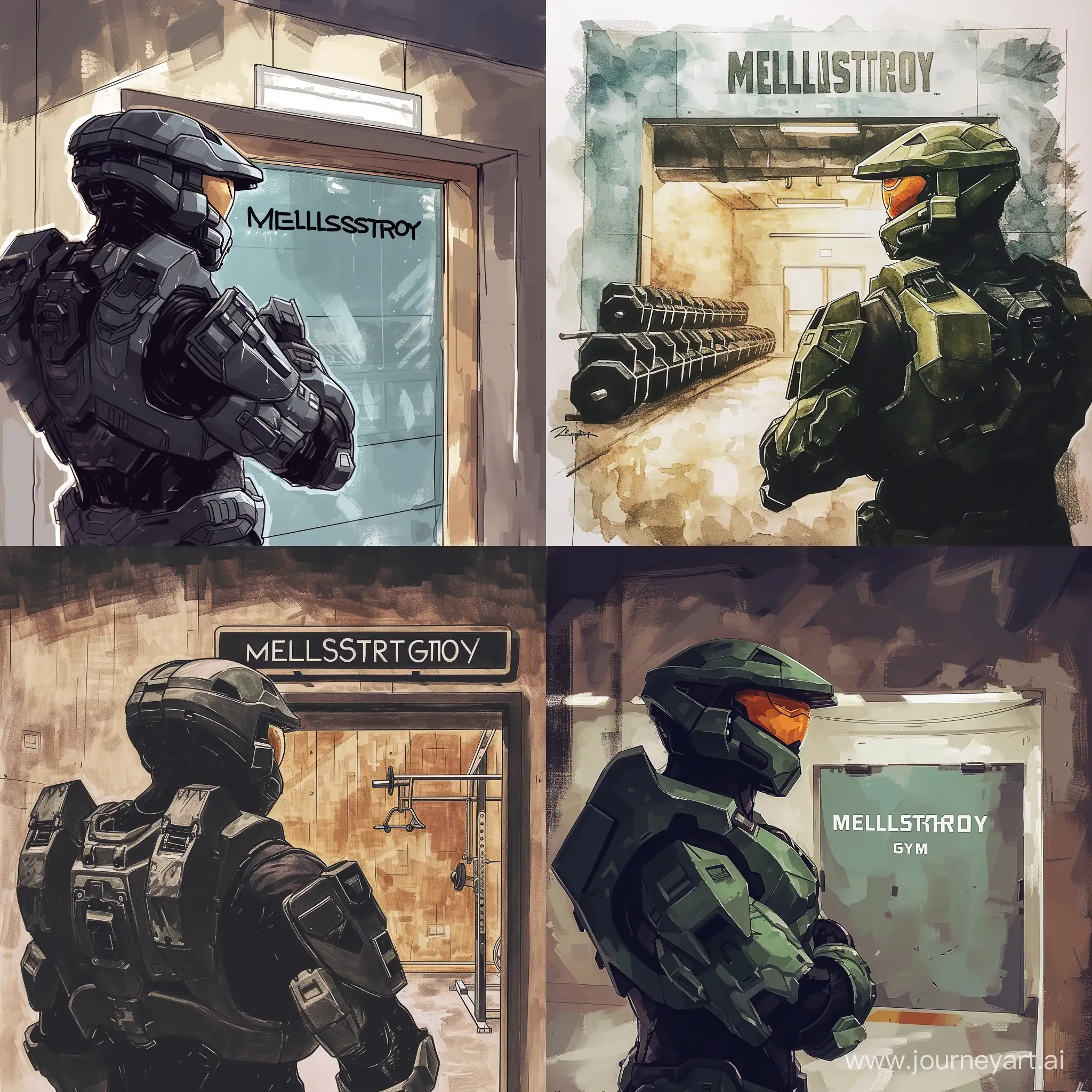 Draw a Master Chief looking at the entrance to the gym with the name "MELLSTROY GYM". Фото в одном экземпляре.
