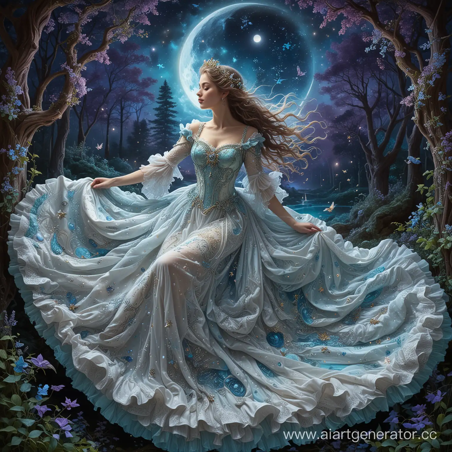 in the style of Josephine Wall, the beautiful goddess of the night descends to earth white dress a rococo whirlwind dress holds in her hands a transparent bedspread with a print of stars,night birds, flowers, ivy,the crescent moon shines brightly at night, forests in the distance, detailing,turquoise blue lilac, oil, magic, glow,glitter,diamond dust,planets, cosmo, illumination, haze, megadetalization, surrealism ,3D volumetric,clear drawing of contours,bright colors
