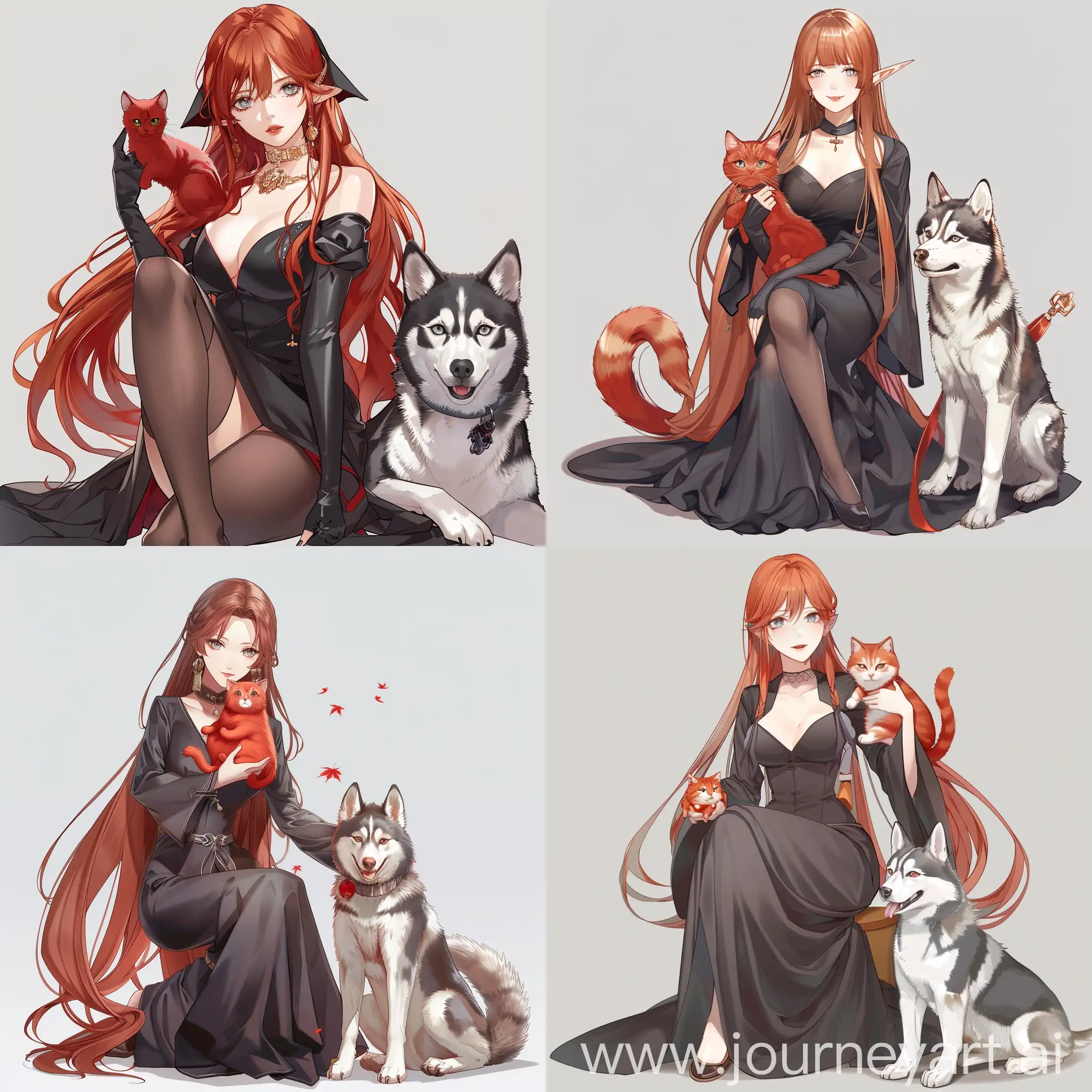 A cute witch, with long red hair, gray eyes, dressed in a fashionable tight black qipao with long sleeves, holding a red cat in her arms and a Husky dog sitting next to them, capture in an anime style