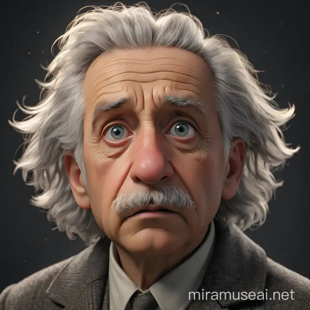 Albert Einstein, sad, disappointed, looks up with hope, expressive facial features. In realism style, 3D animation.