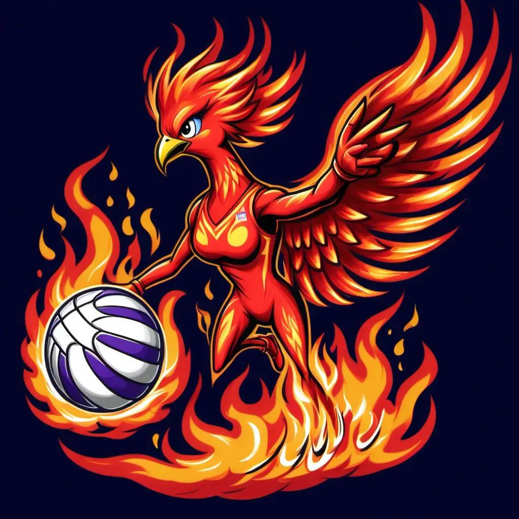 Vibrant Cartoon Firebird Engulfed in Netball Flames