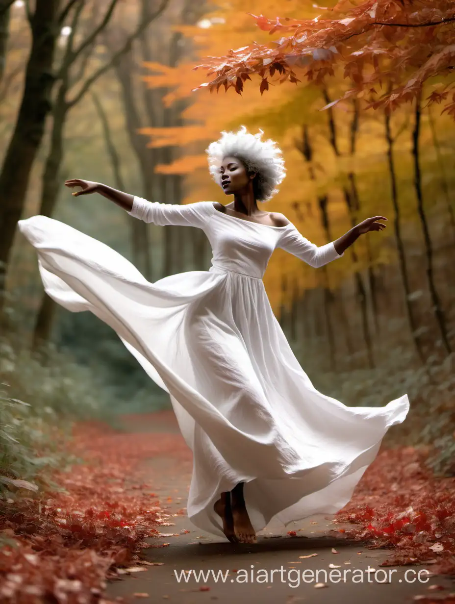 an ethereal female fairy in the distance,  with dark skin and silver afro hair waving in the wind, with a long full white linen dress with boat neck, long sleeves, and no slit in the dress, with no skin exposed, dancing  in the autumn season amongst trees with bright autumn leaves, dancing from afar on a forest path in the autumn