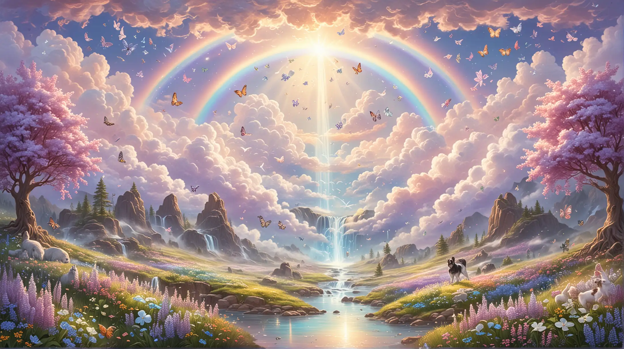 into a pastel rainbow sparkly magical cloud heaven, with an opal moonstone crystal pathway,  lilacs and four-leaf-clovers, with a waterfall, butterflies, fairies, bunnies, puppies, and magical creatures flying, shooting stars, bright white light shining in from heaven, symmetrial