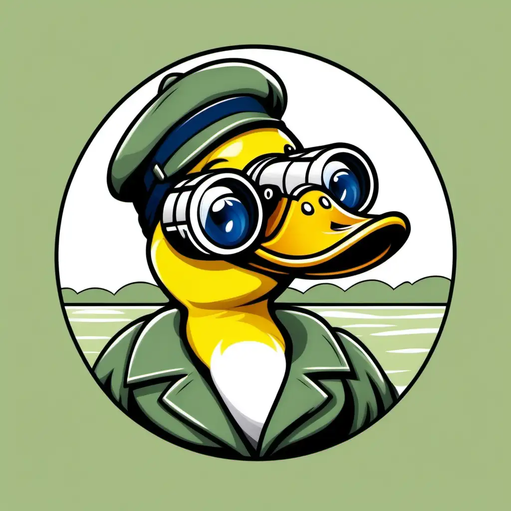 Yellow cartoon duck looking through binoculars. The image should be simple, like a logotype.