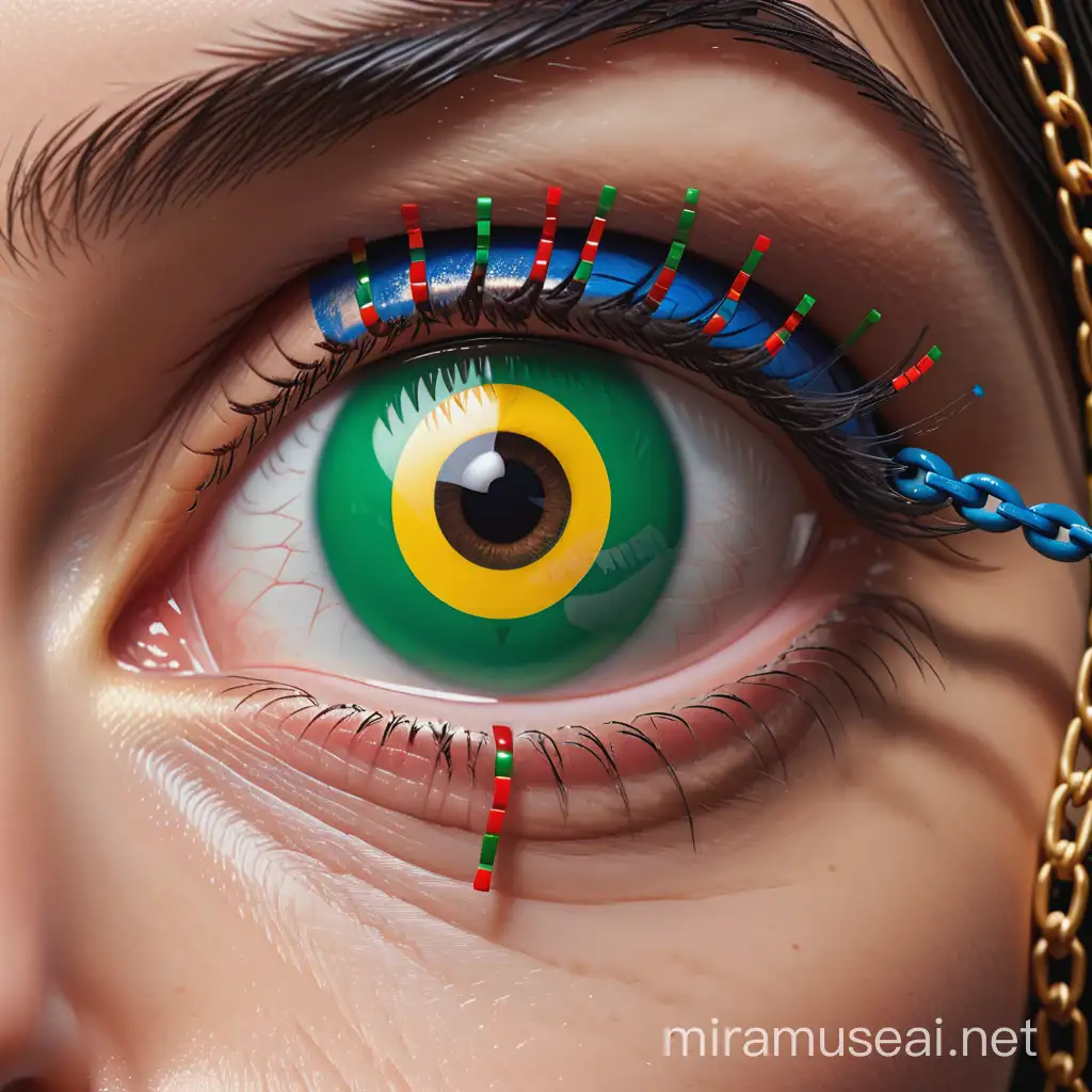 The image depicts the eye of CIEDDE (((Brazil))) prominently symbol, represented by a human eye with brazilian colors chains, symbolizing [freedom of expression] curtailed by (censorship). Around the figure, there are several red ribbons extending like metachains, representing the digital chains of ((censorship)) spreading and suffocating society's voice. Hyperrealism, hyper detailed, 3D, 8K, Ultra Realistic, high octane. hyperrealism, hyper detailed, 3D, 8K, Ultra Realistic, high octane, (Hyperrealism, 8k, ultra hd,high resolution, extreme detail, octane,render, best quality, masterpiece, dynamic angle).