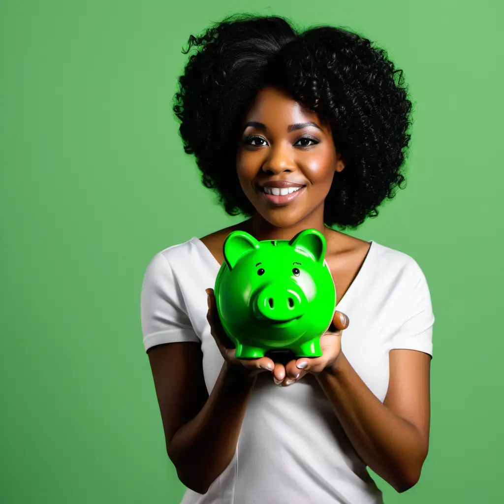 African American Women Holding Green Piggy Bank