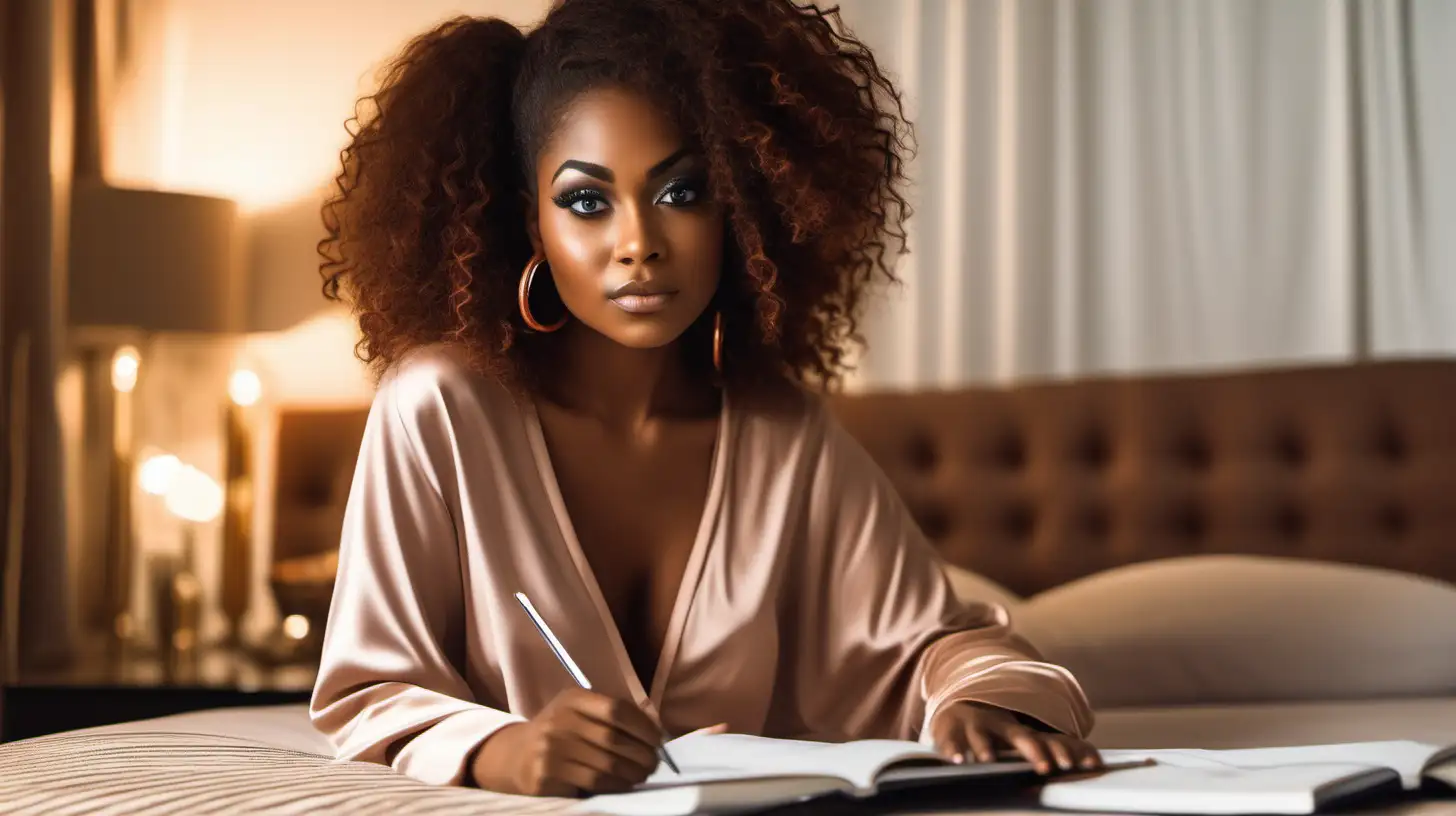 A beautiful, curvy, medium dark skin woman with large expressive eyes and long lush eyelashes giving a soft, engaging look.  Her hair is styled is short, natural and copper .  She is wearing large hoop earrings, which ad a touch of elegance to her cozy attire. The woman is clad in Fashion loungewear.  She is sitting in a luxury bedroom on her bed with a journal in her lap and pin her hand, writing her goals for 2024..
