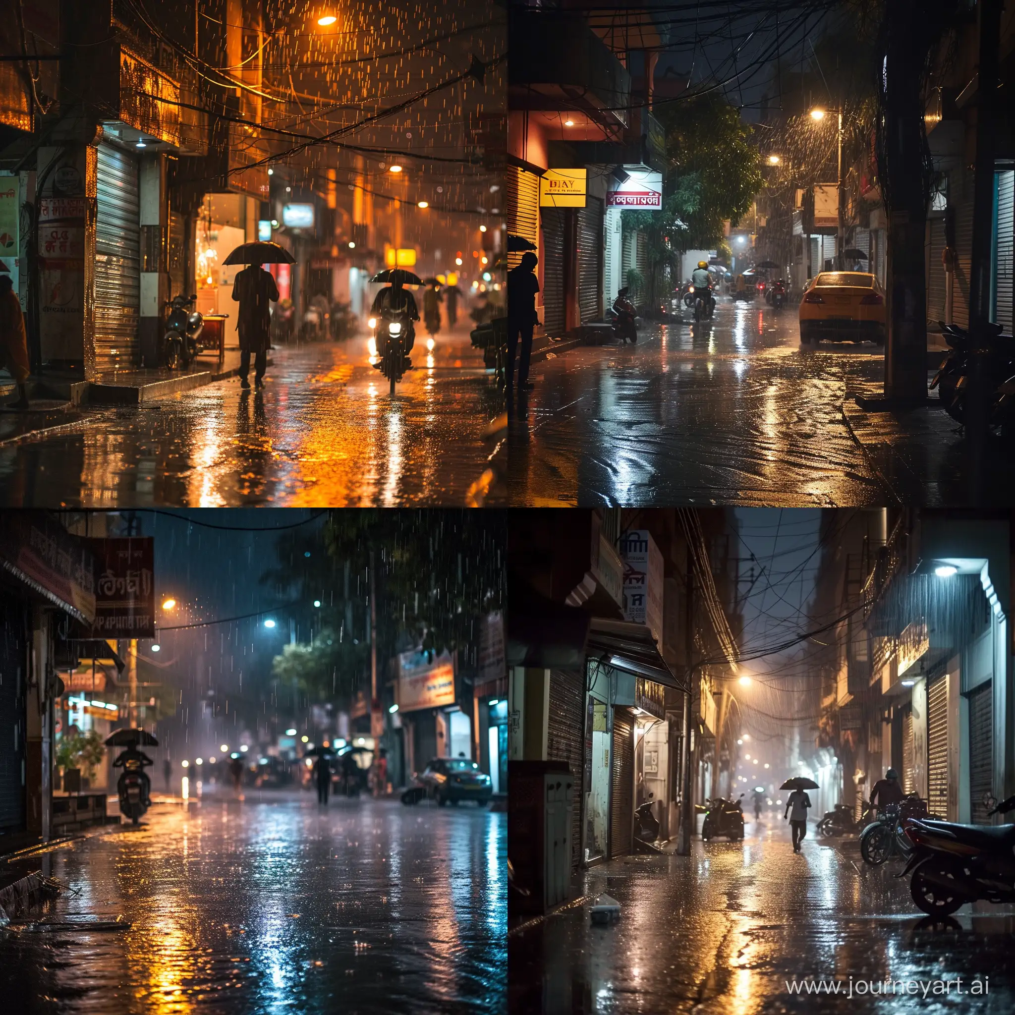 Raining in delhi street at night