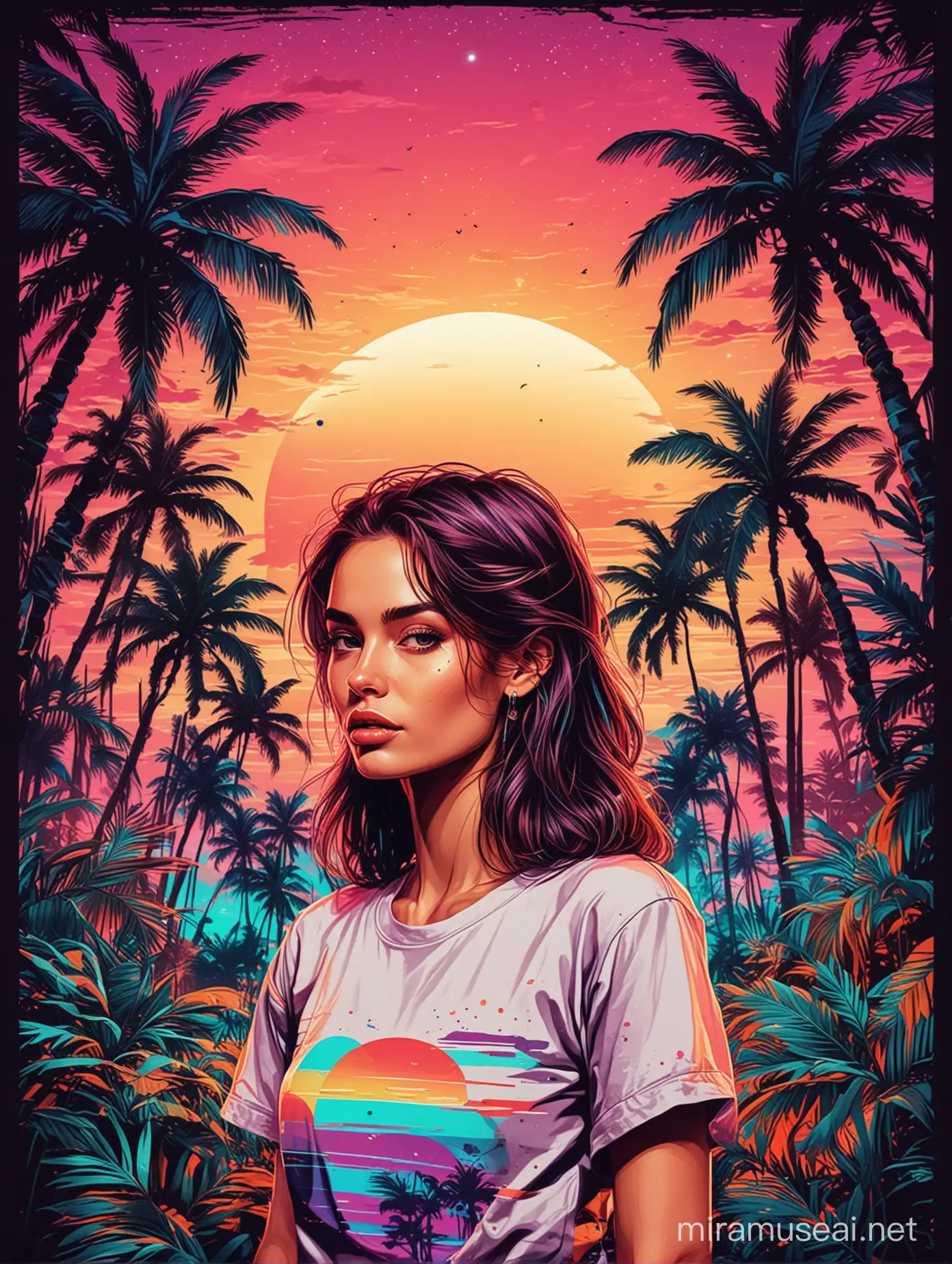 Detailed vector illustration, with palm trees, tropical foliage, colorful sky with visible planets in the background, high contrast colors, bright neon lighting and bold outlines in t-shirt graphic, a woman