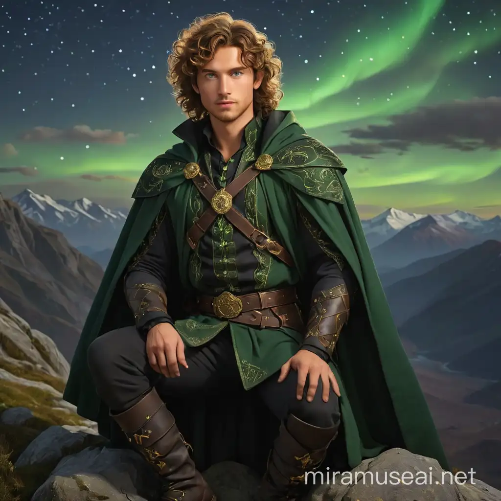On top of a mountain with a beautiful starlit night sky, a man with medium-length, curly, light brown hair, wears a royal costume with several magical runes engraved on its fabric that shine in gold, has beautiful green eyes, wears beautiful black boots, gothic vitorian magic, observes everything below him, full body