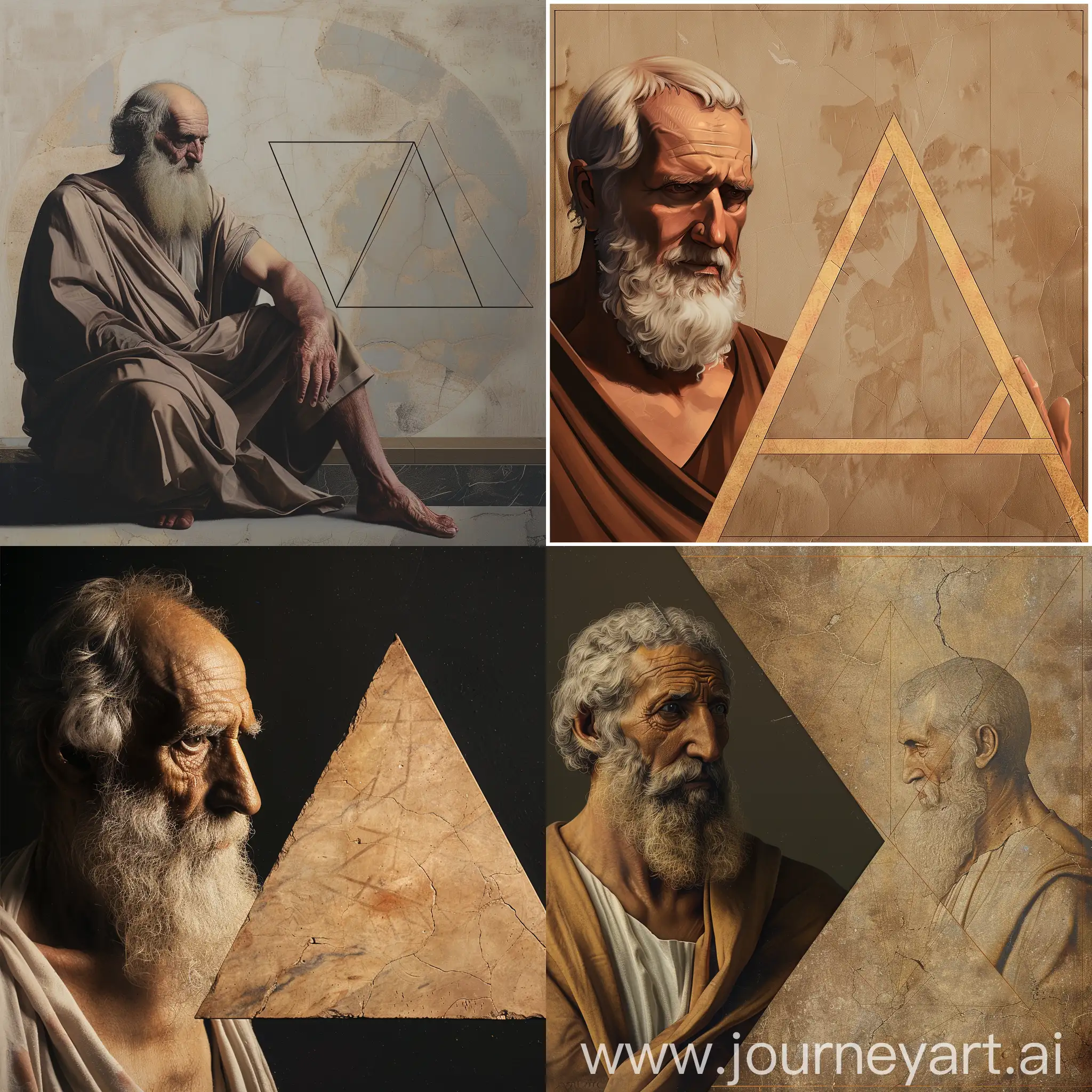 crie uma imagem de um triângulo retângulo, ao lado do matemático pitágoras.