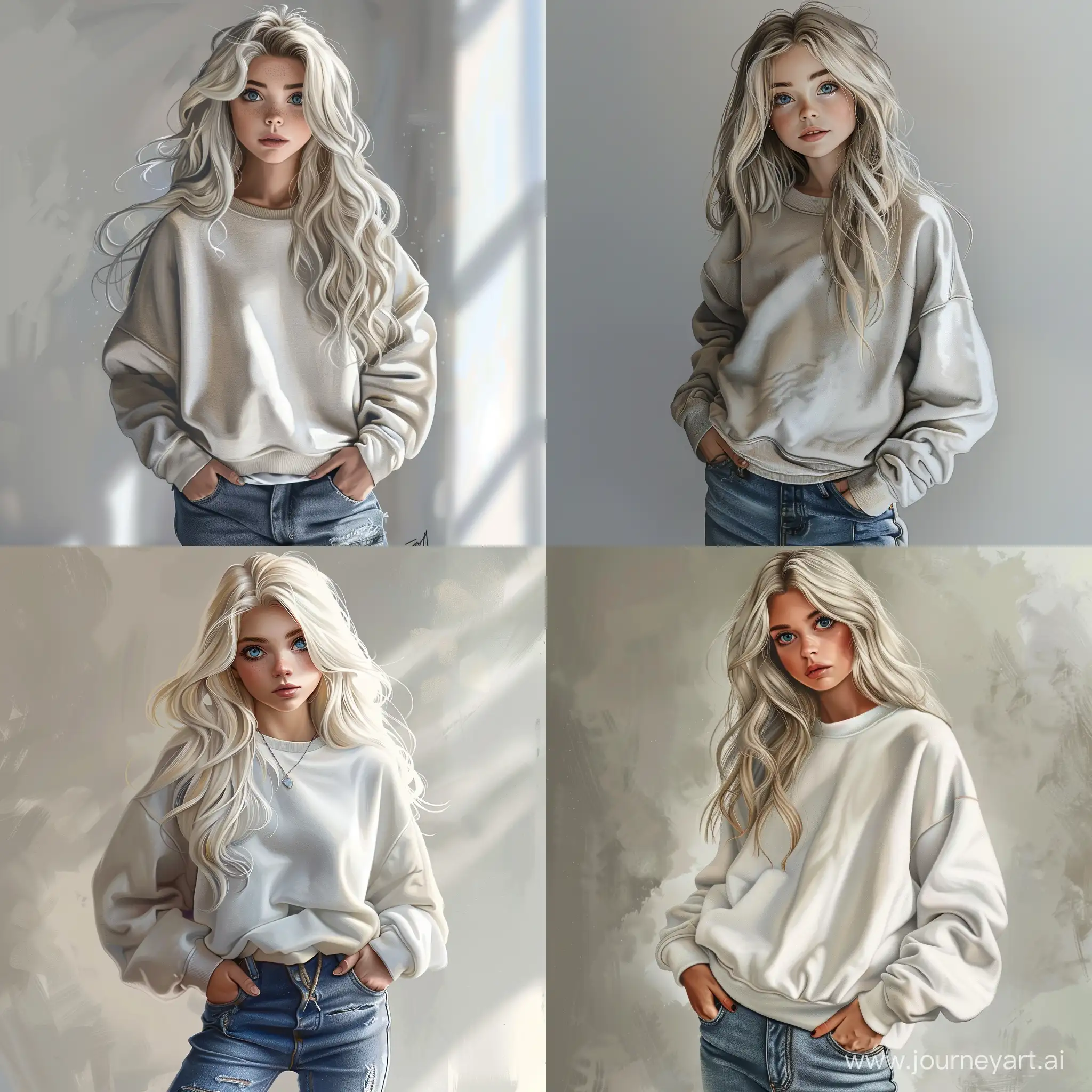 Beautiful girl, blonde hair, gray-blue eyes, white skin, teenager, 15 years old, jeans and oversize sweatshirt, high quality, high detail, realistic art