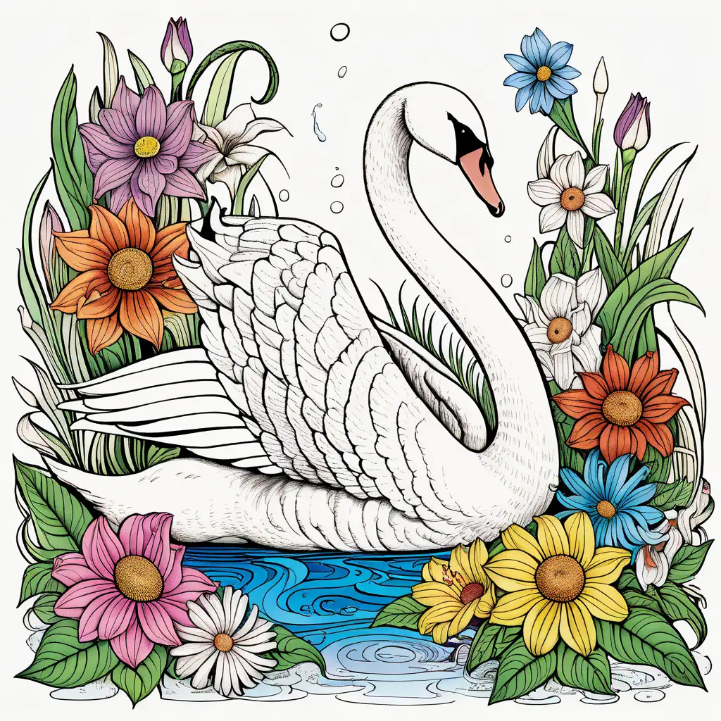 Vibrant Swan Surrounded by Exquisite Flowers Stunning Colored Page Art